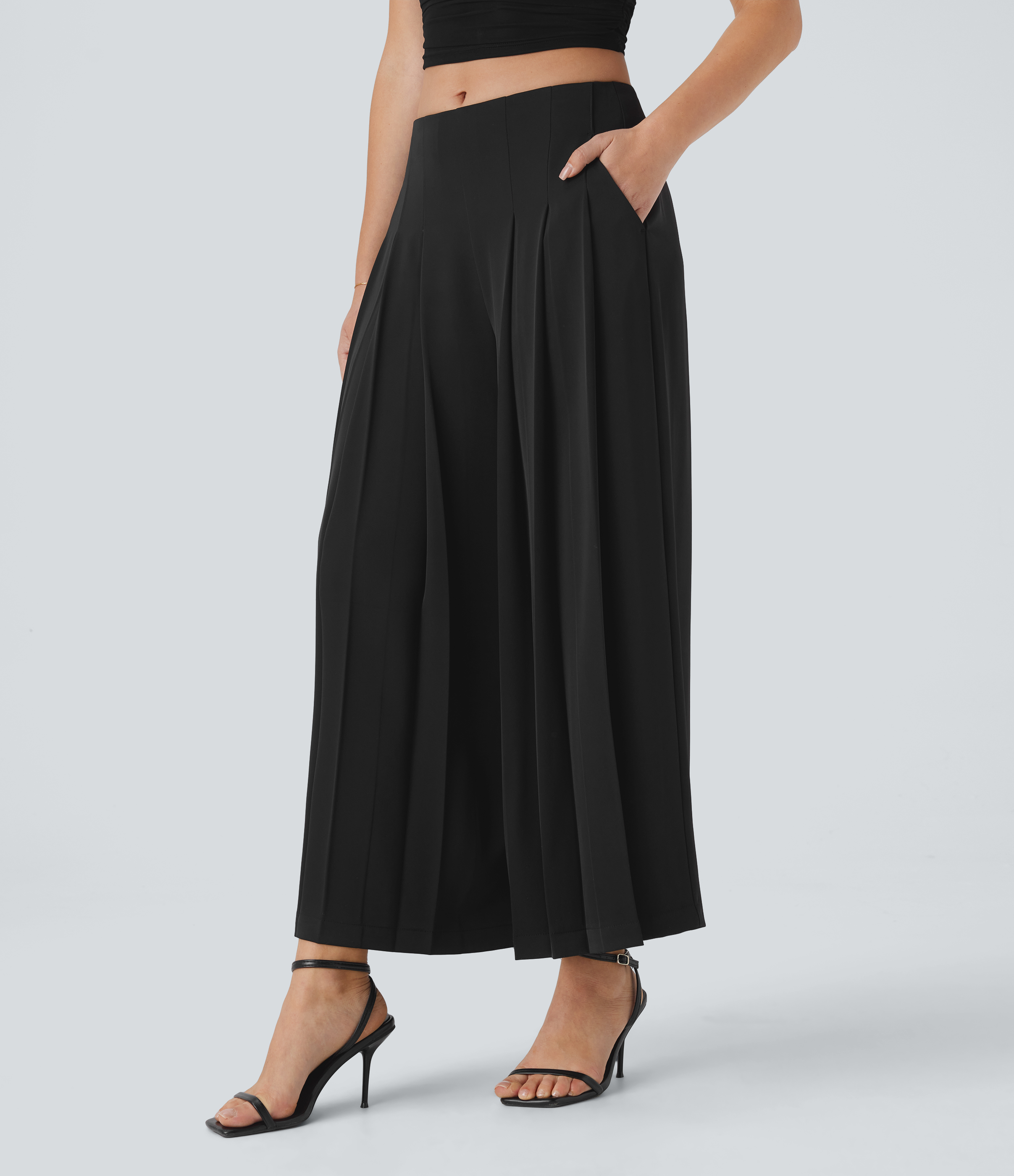 Halara Mid Low Rise Side Pocket Invisible Zipper Pleated Flowy Wide Leg Resort Pants  - Black - S(regular) sweatpants jogger pants 