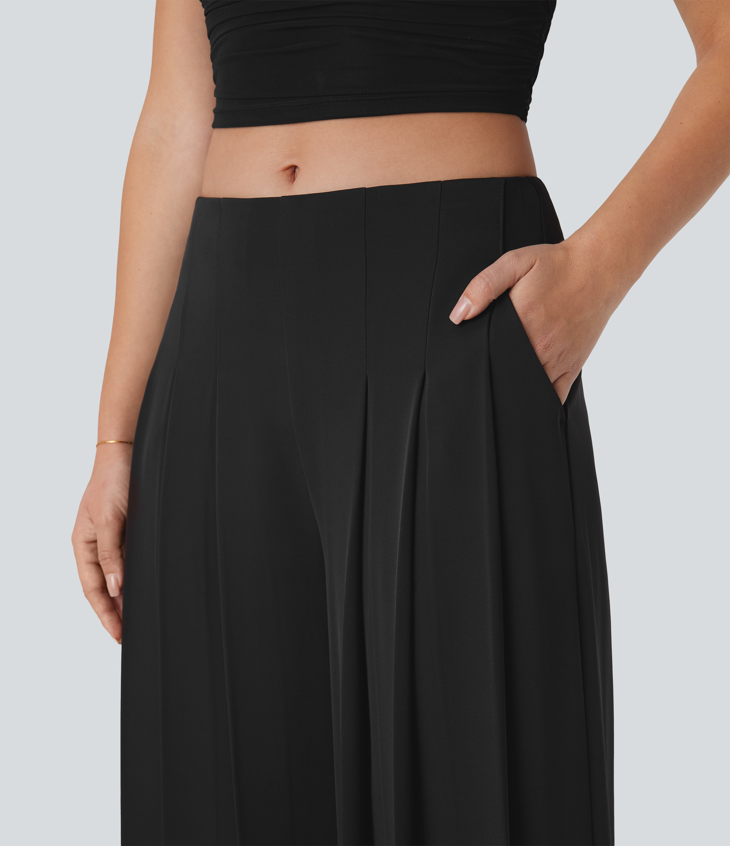Halara Mid Low Rise Side Pocket Invisible Zipper Pleated Flowy Wide Leg Resort Pants  - Black - S(regular) sweatpants jogger pants 