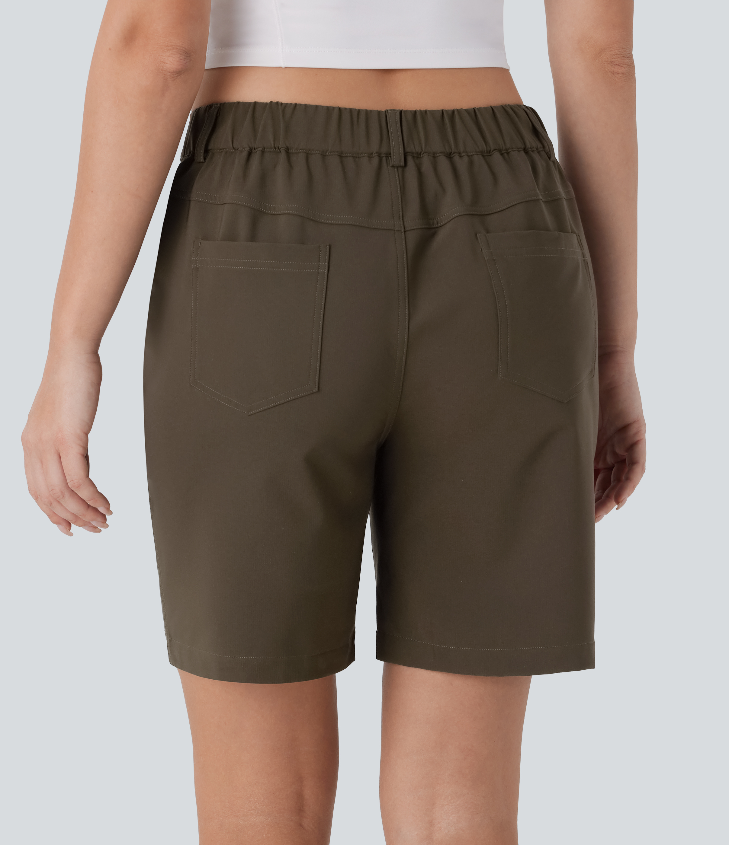 Halara Water Repellent Mid Rise Button Zipper Multiple Pockets Hiking Shorts 7`` Gym Short - Deep Sage - L booty shorts compression shorts 