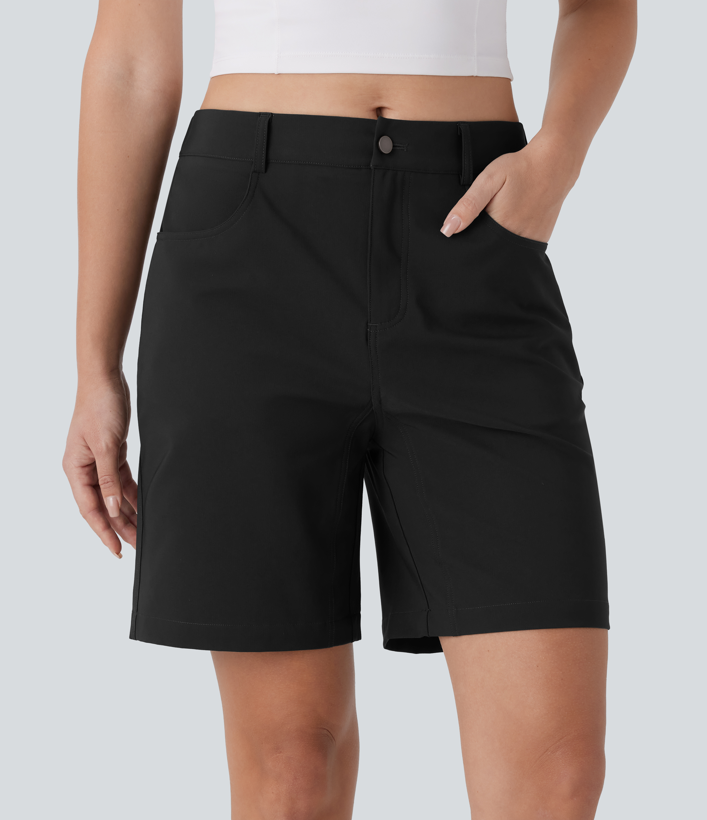 Halara Water Repellent Mid Rise Button Zipper Multiple Pockets Hiking Shorts 7`` Gym Short - Black - XS booty shorts compression shorts 
