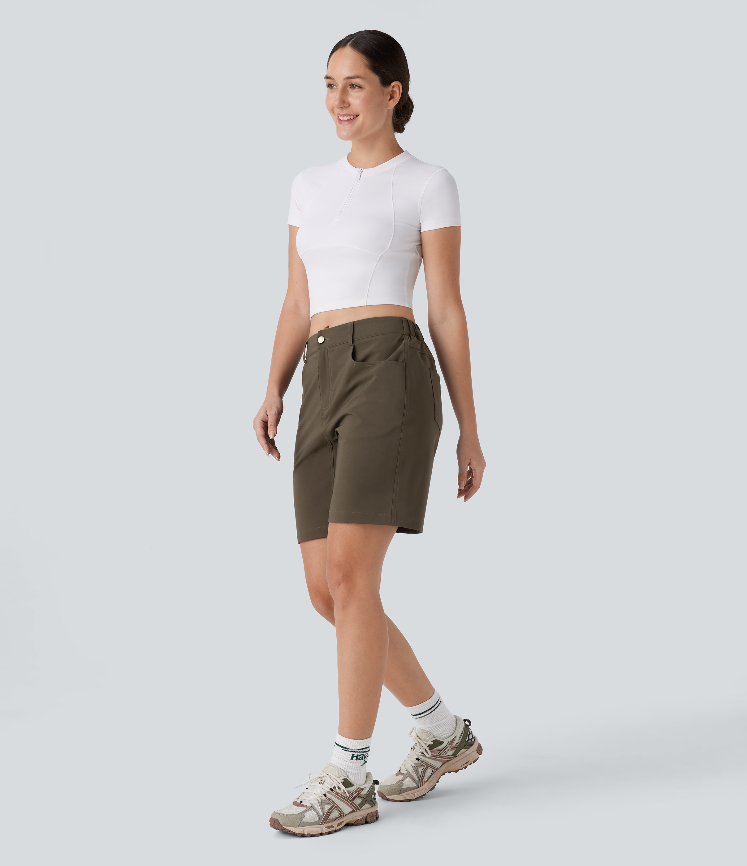 Halara Water Repellent Mid Rise Button Zipper Multiple Pockets Hiking Shorts 7`` Gym Short - Deep Sage - L booty shorts compression shorts 