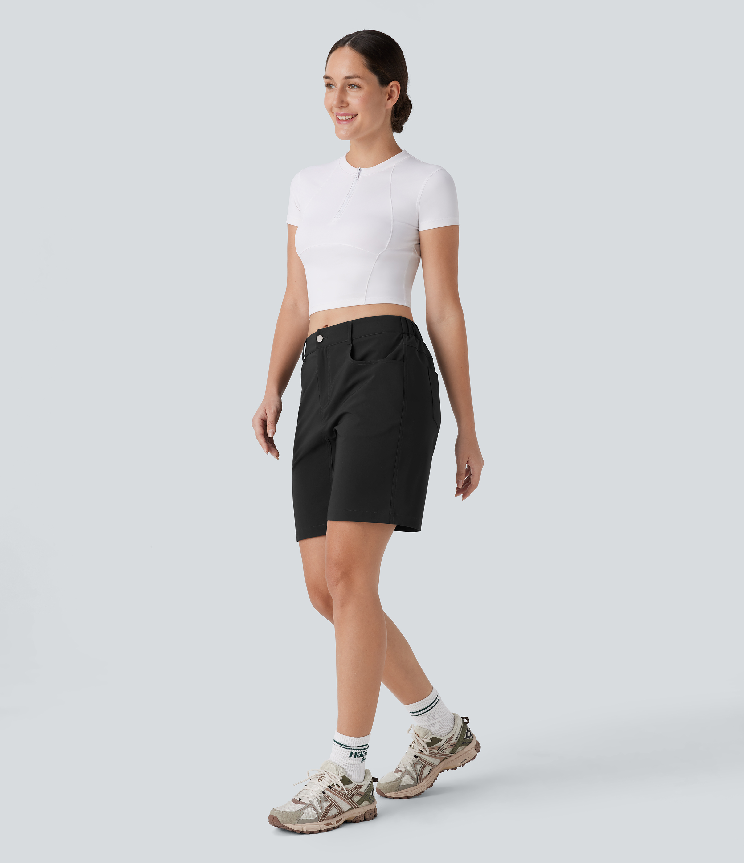 Halara Water Repellent Mid Rise Button Zipper Multiple Pockets Hiking Shorts 7`` Gym Short - Black - XS booty shorts compression shorts 