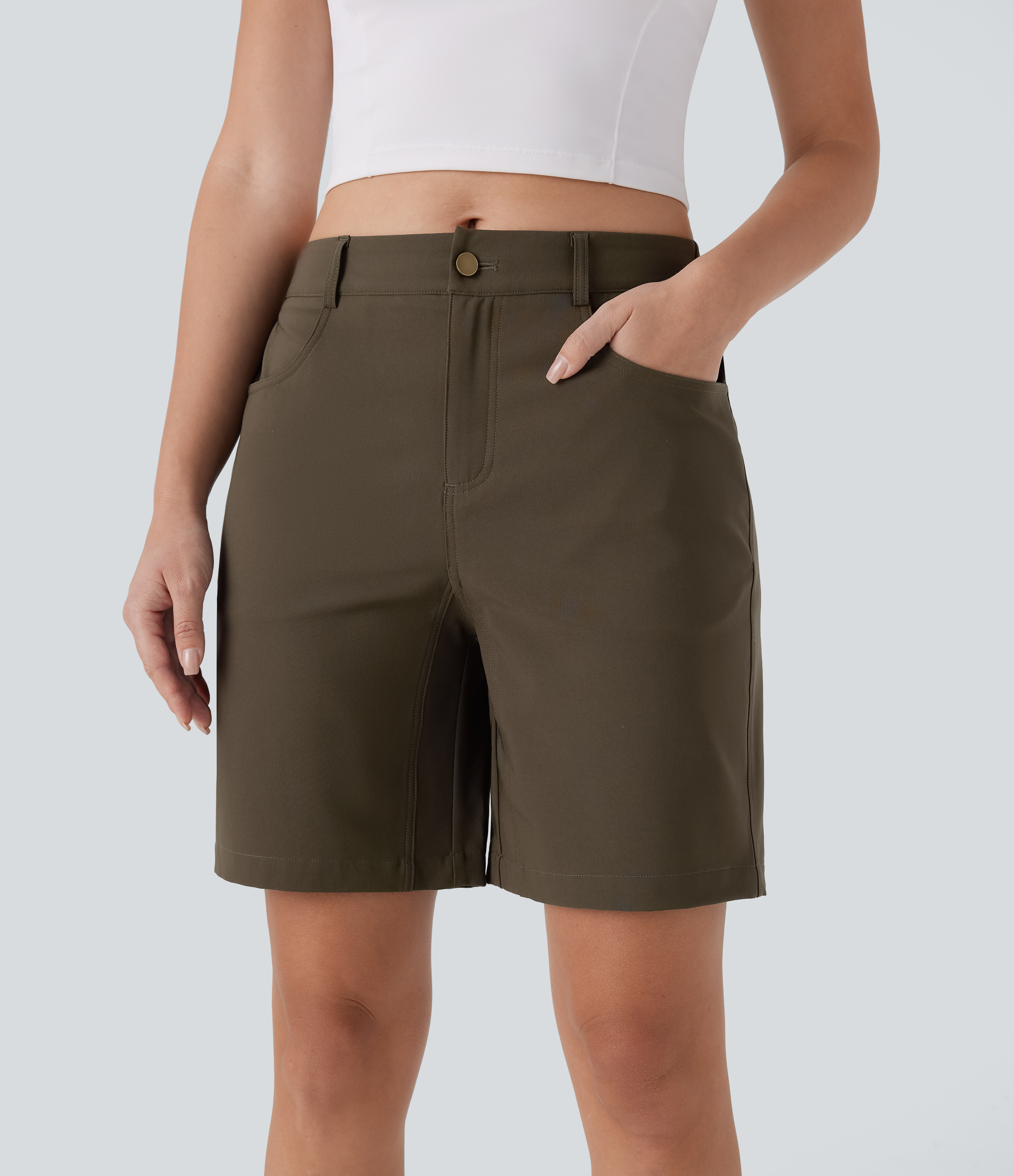 Halara Water Repellent Mid Rise Button Zipper Multiple Pockets Hiking Shorts 7`` Gym Short - Deep Sage - L booty shorts compression shorts 