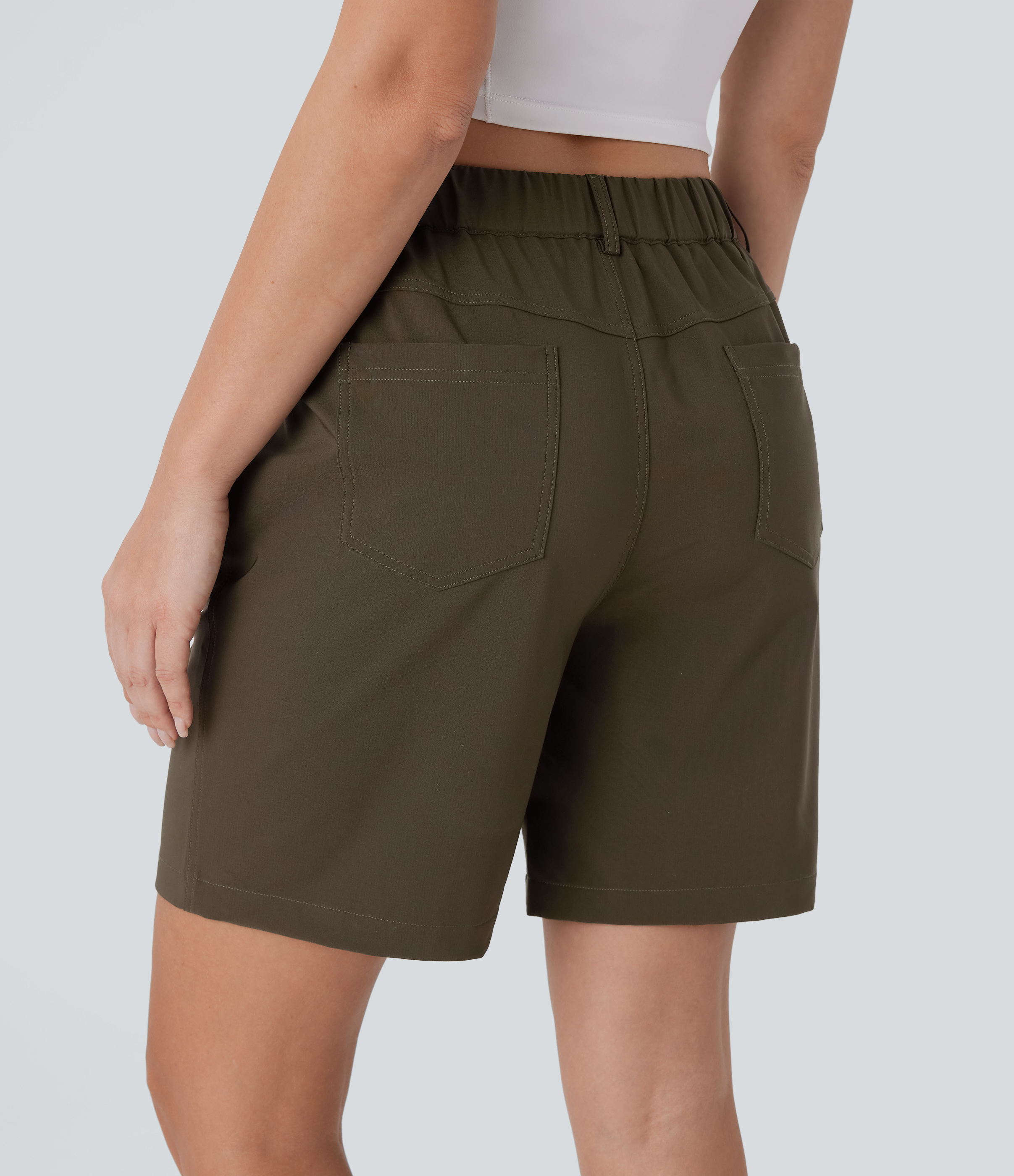 Halara Water Repellent Mid Rise Button Zipper Multiple Pockets Hiking Shorts 7`` Gym Short - Deep Sage - L booty shorts compression shorts 