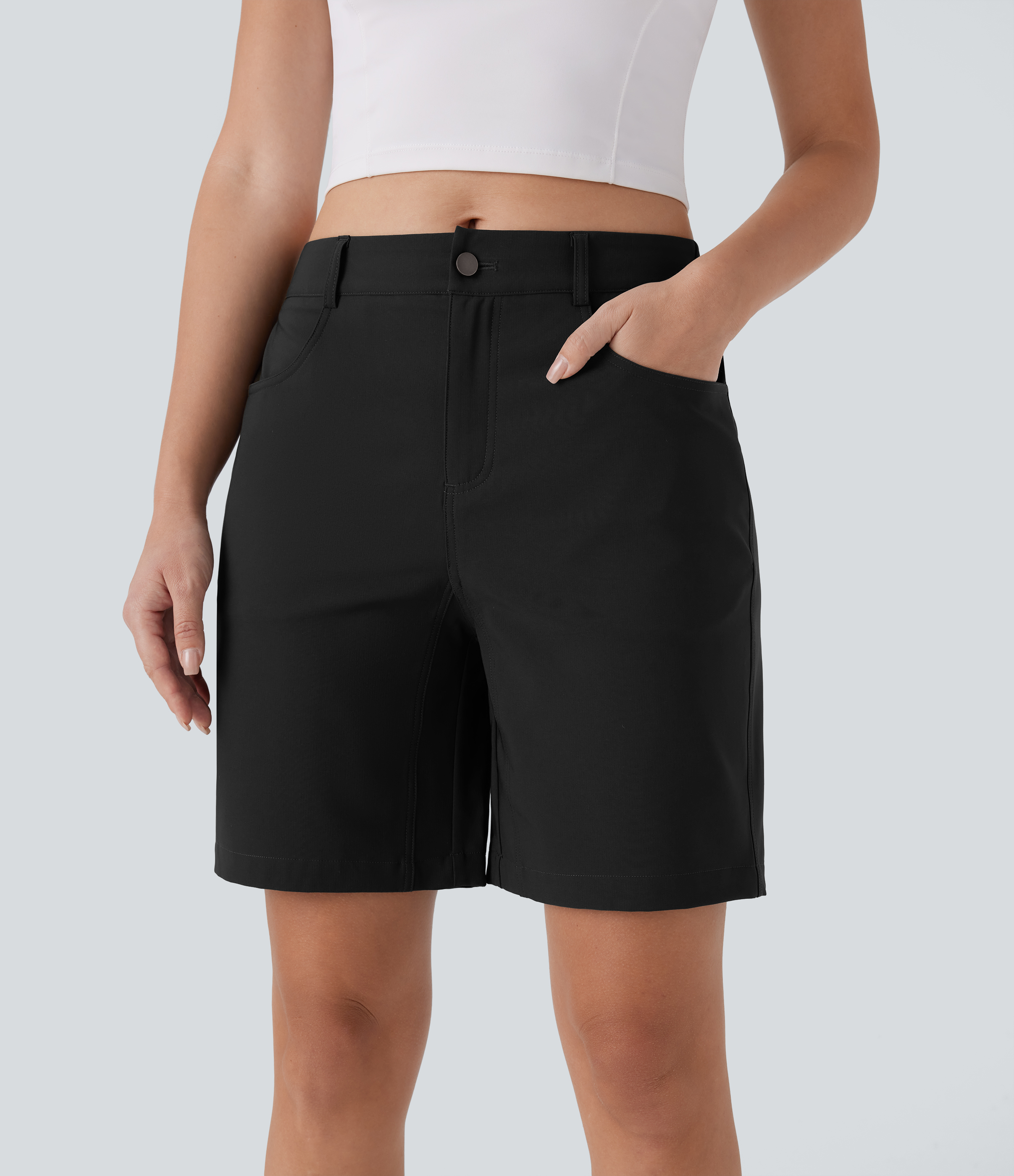 Halara Water Repellent Mid Rise Button Zipper Multiple Pockets Hiking Shorts 7`` Gym Short - Black - XS booty shorts compression shorts 