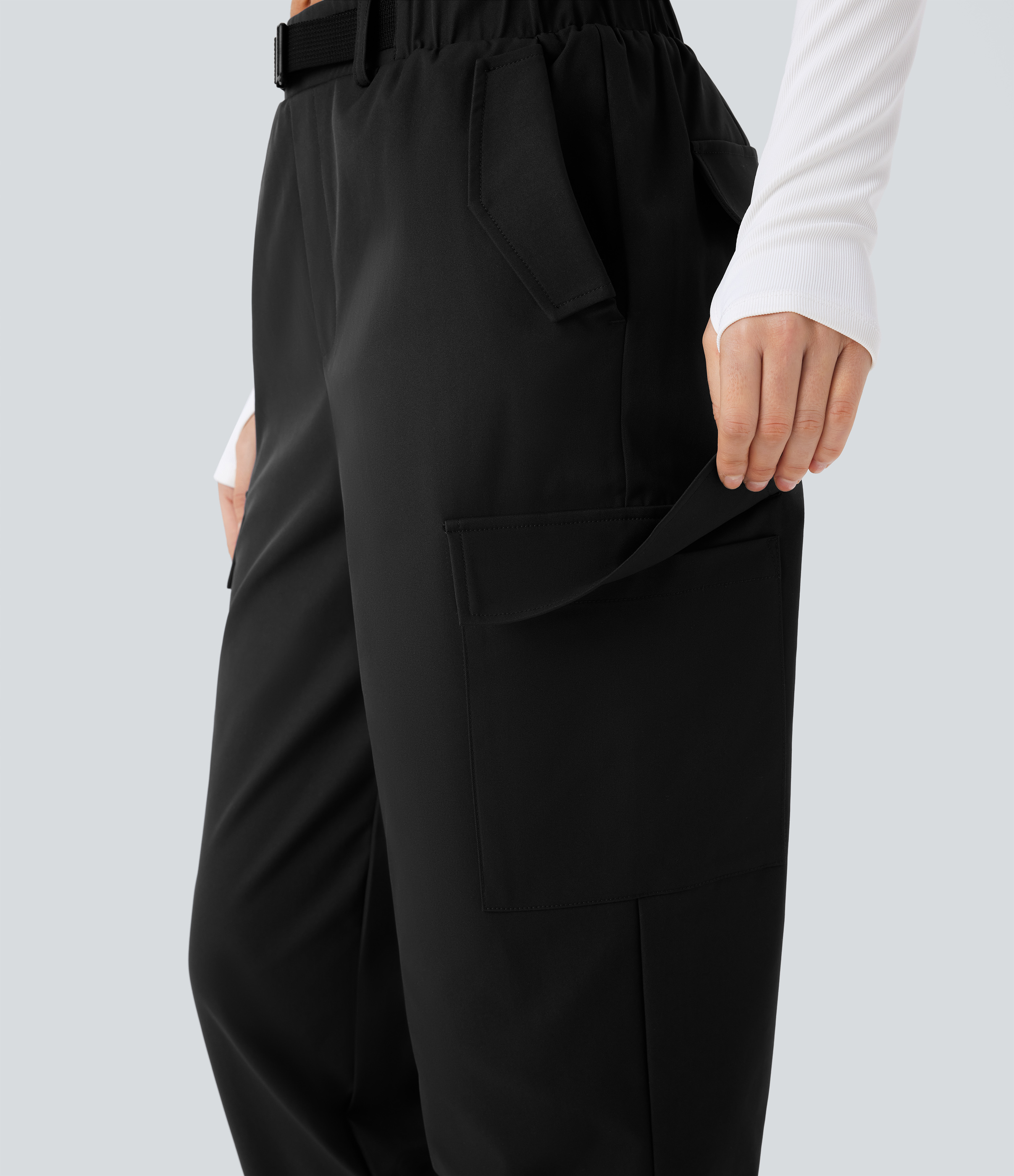 Halara Water Repellent Wear-Resistant Mid Rise Belted Multiple Pockets Hiking Cargo Joggers  - Black - XS(regular) 