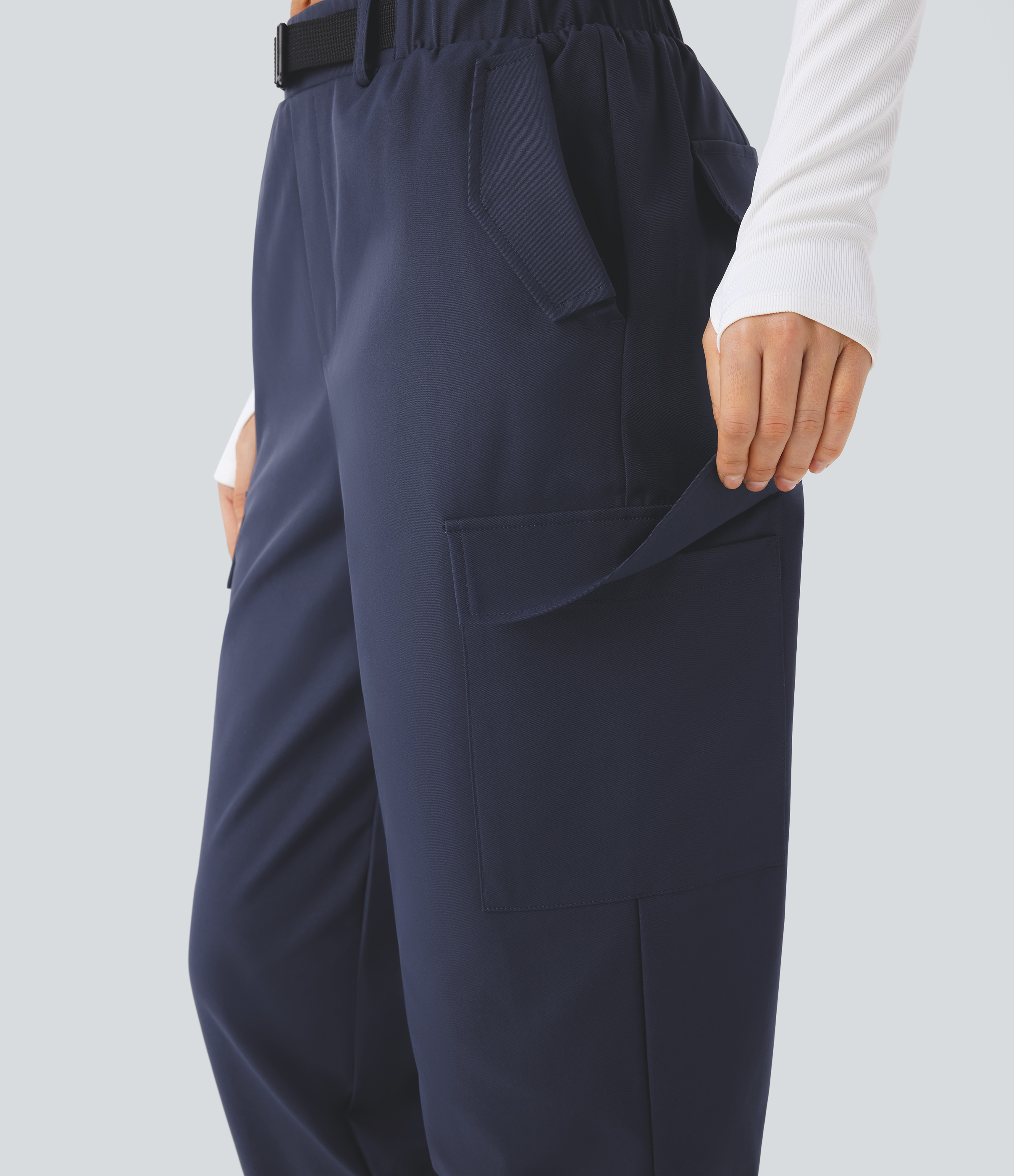 Halara Water Repellent Wear-Resistant Mid Rise Belted Multiple Pockets Hiking Cargo Joggers  - Polar Night - XL(regular) 
