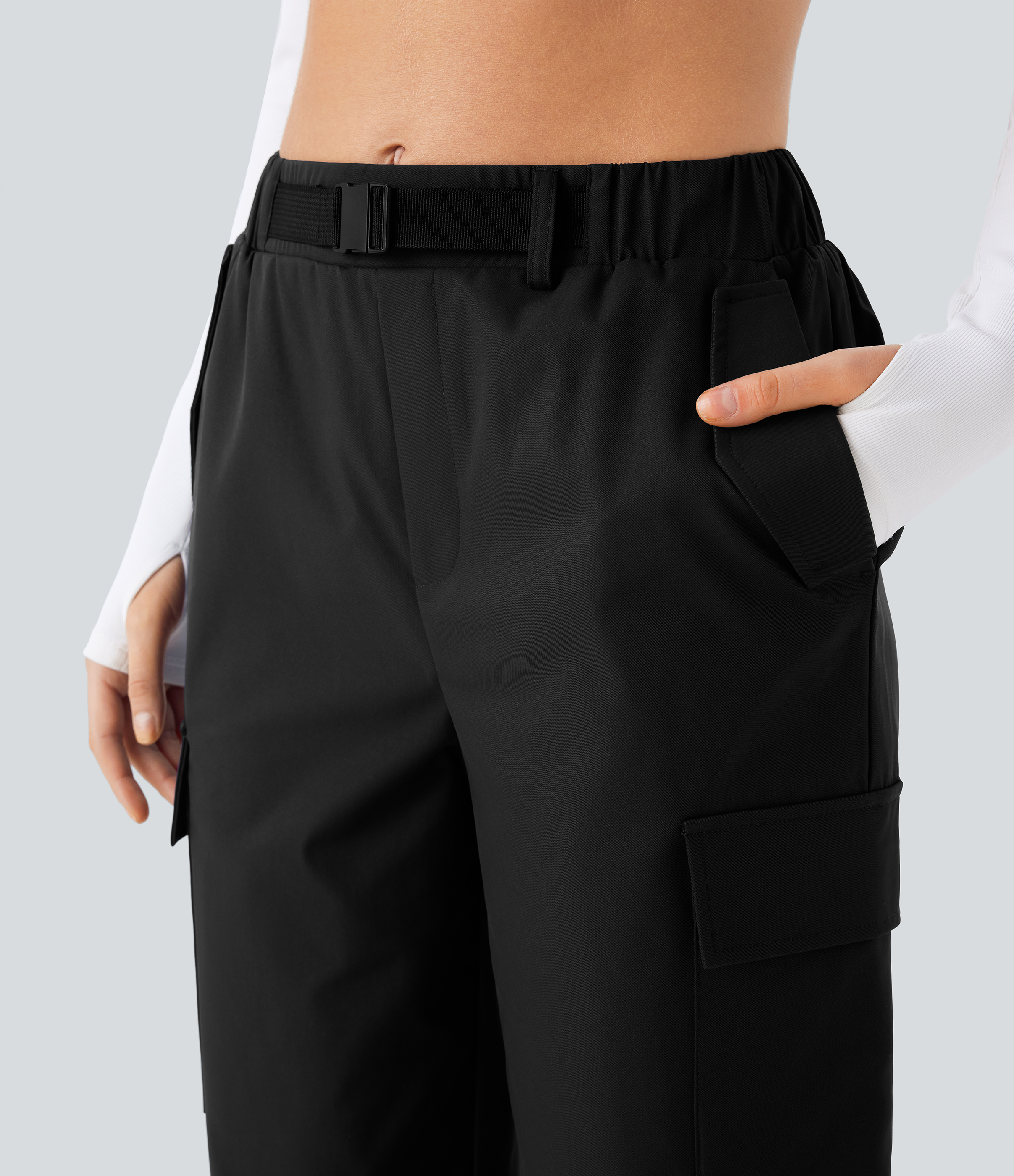 Halara Water Repellent Wear-Resistant Mid Rise Belted Multiple Pockets Hiking Cargo Joggers  - Black - XS(regular) 