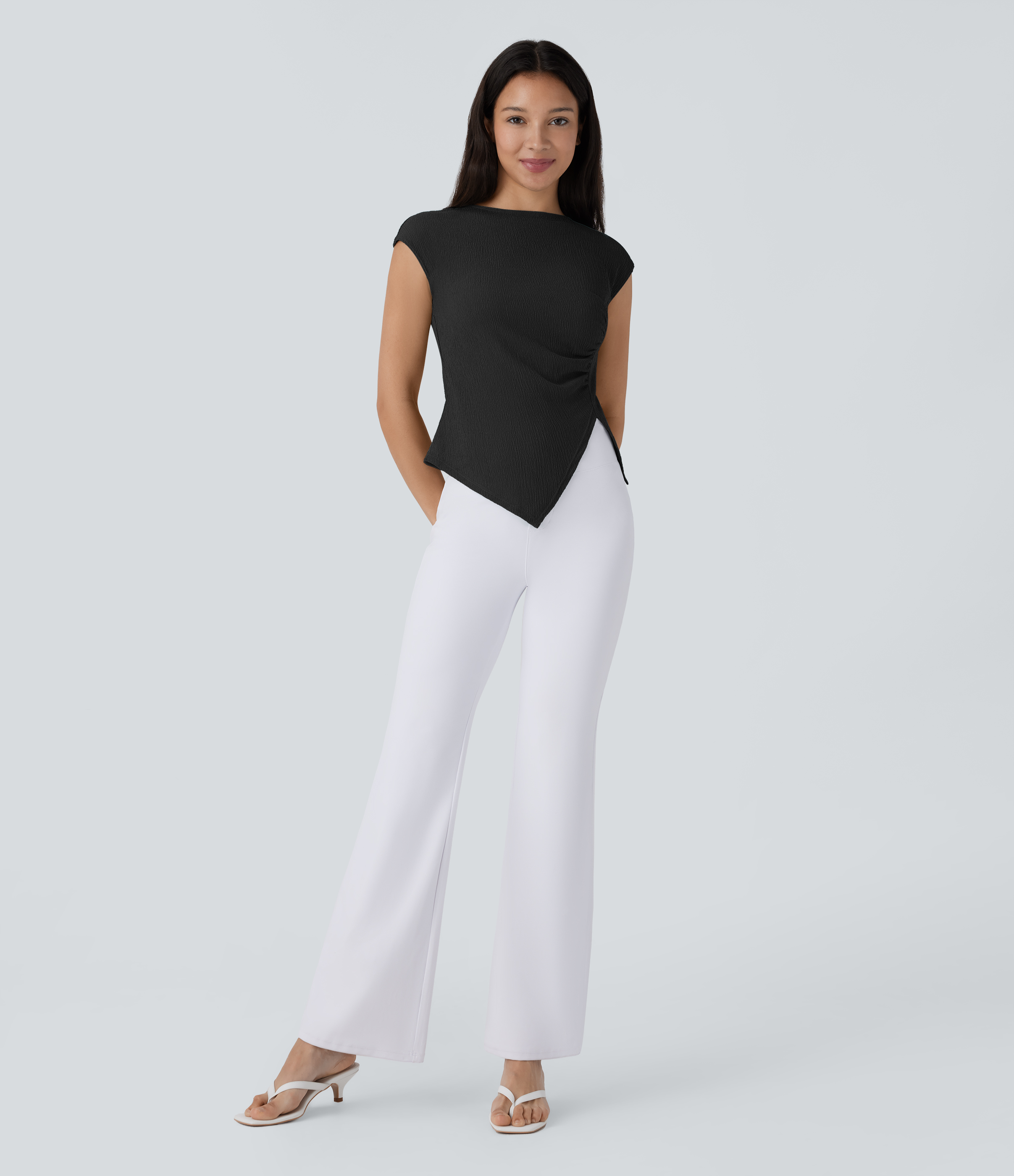 Halara Slash Neck Short Sleeve Ruched Split Asymmetric Hem Casual Top Tank Top - Black - L golf tops halter top tunic tops sleeveless tops 