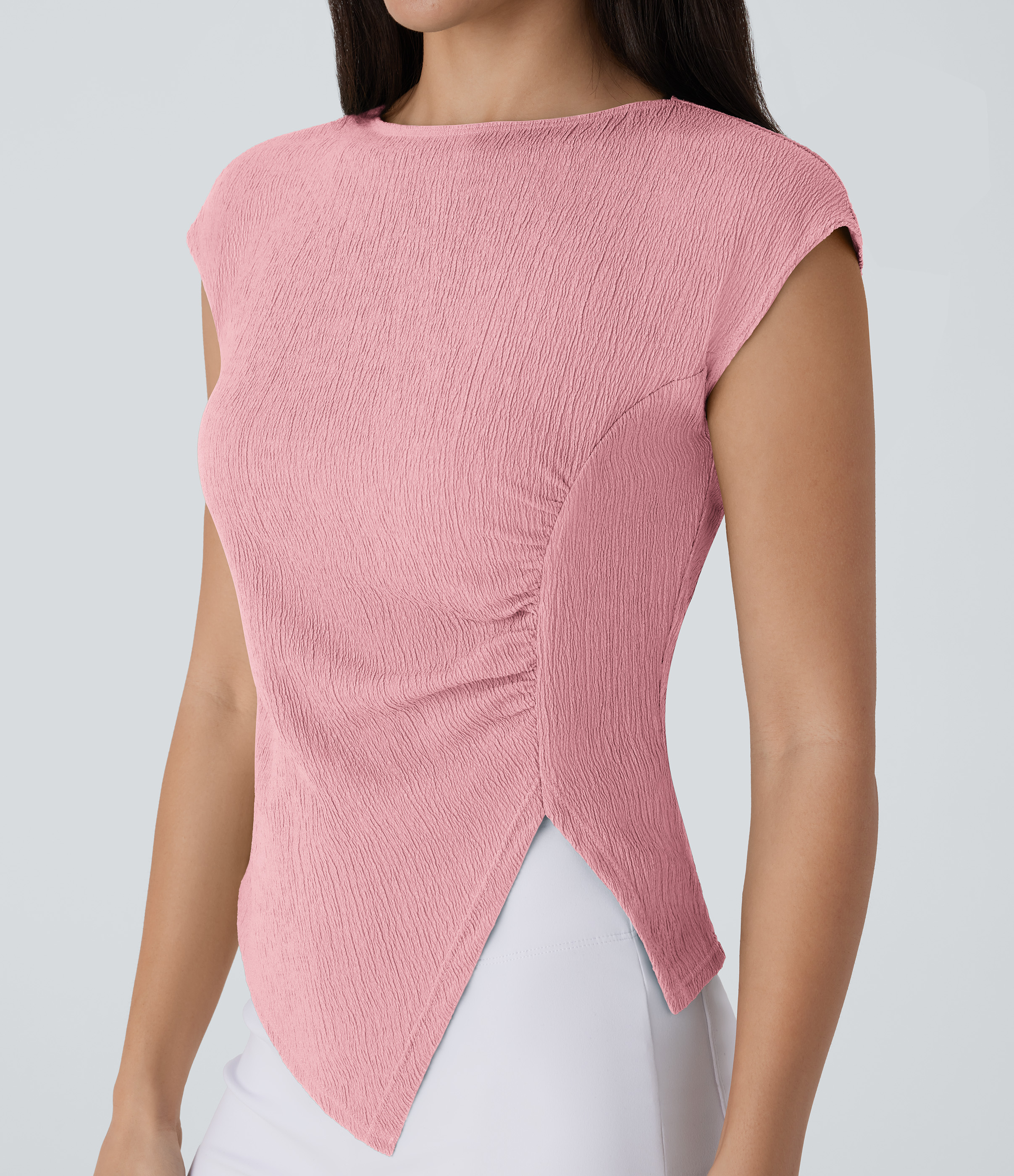 Halara Slash Neck Short Sleeve Ruched Split Asymmetric Hem Casual Top Tank Top - Bridal Rose - S golf tops halter top tunic tops 