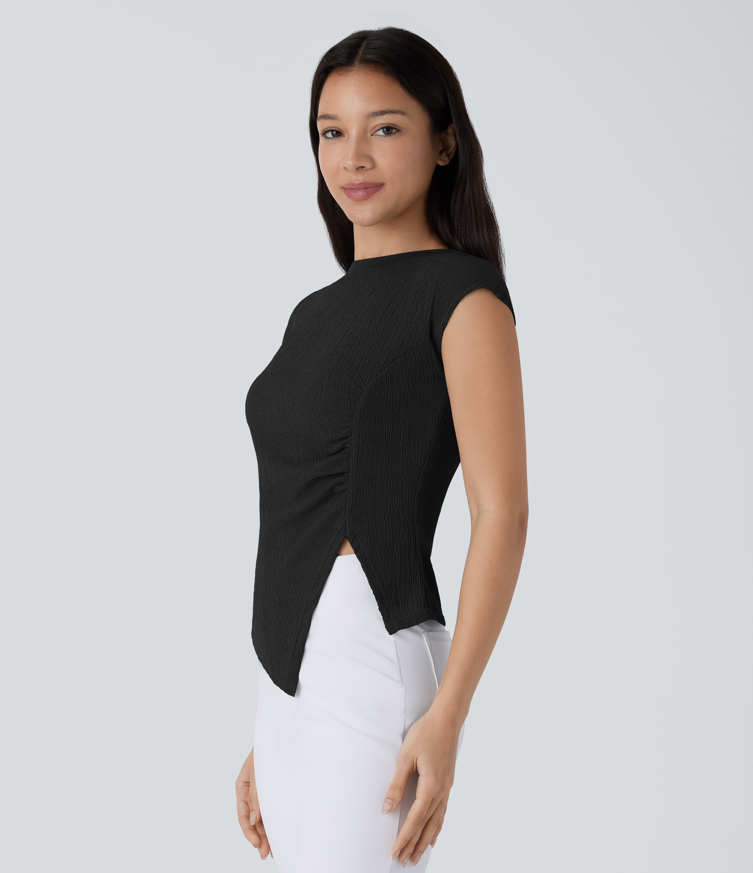 Halara Slash Neck Short Sleeve Ruched Split Asymmetric Hem Casual Top Tank Top - Black - L golf tops halter top tunic tops sleeveless tops 