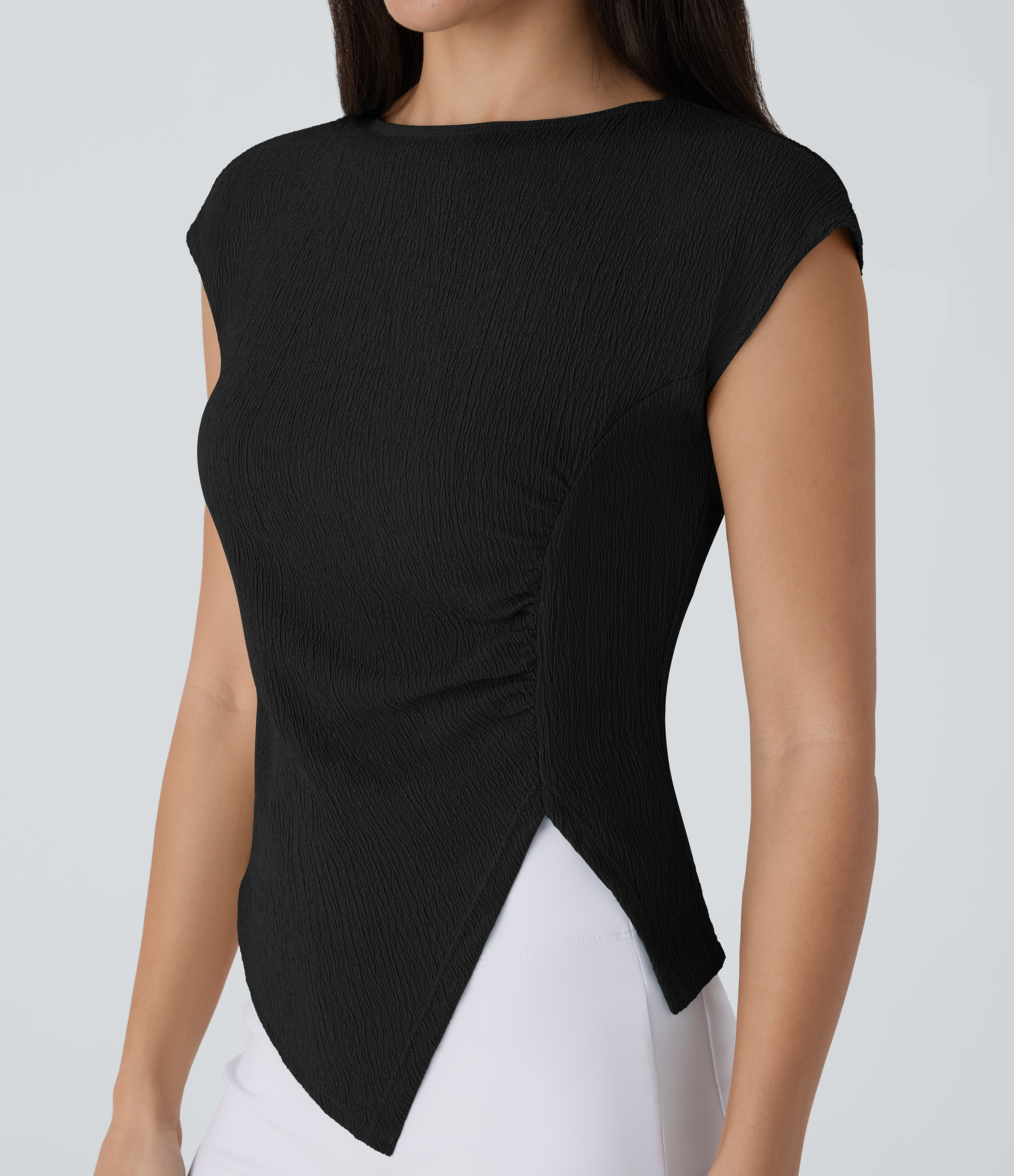 Halara Slash Neck Short Sleeve Ruched Split Asymmetric Hem Casual Top Tank Top - Black - L golf tops halter top tunic tops sleeveless tops 