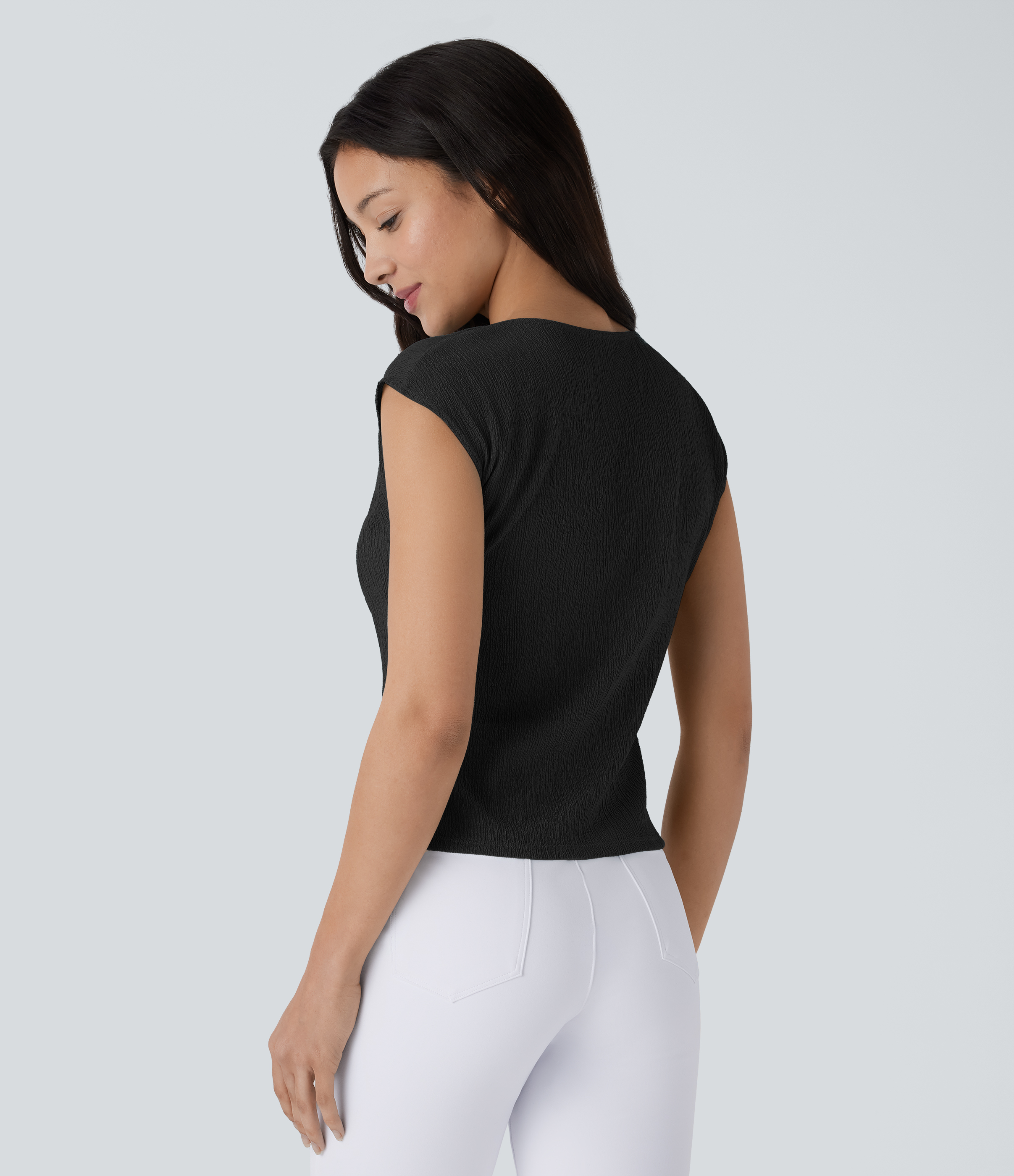 Halara Slash Neck Short Sleeve Ruched Split Asymmetric Hem Casual Top Tank Top - Black - L golf tops halter top tunic tops sleeveless tops 