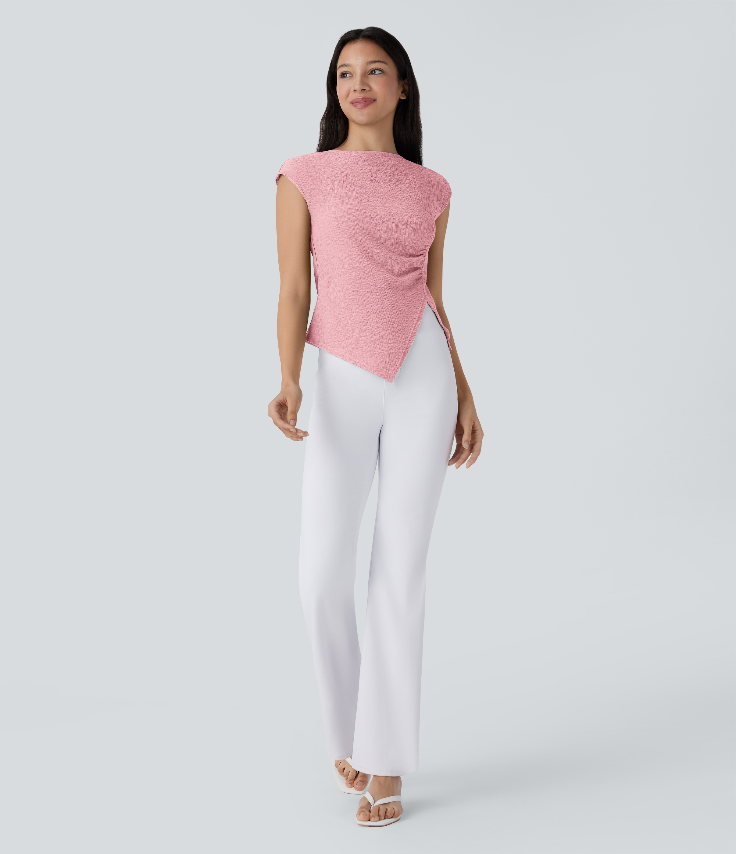 Halara Slash Neck Short Sleeve Ruched Split Asymmetric Hem Casual Top Tank Top - Bridal Rose - S golf tops halter top tunic tops 
