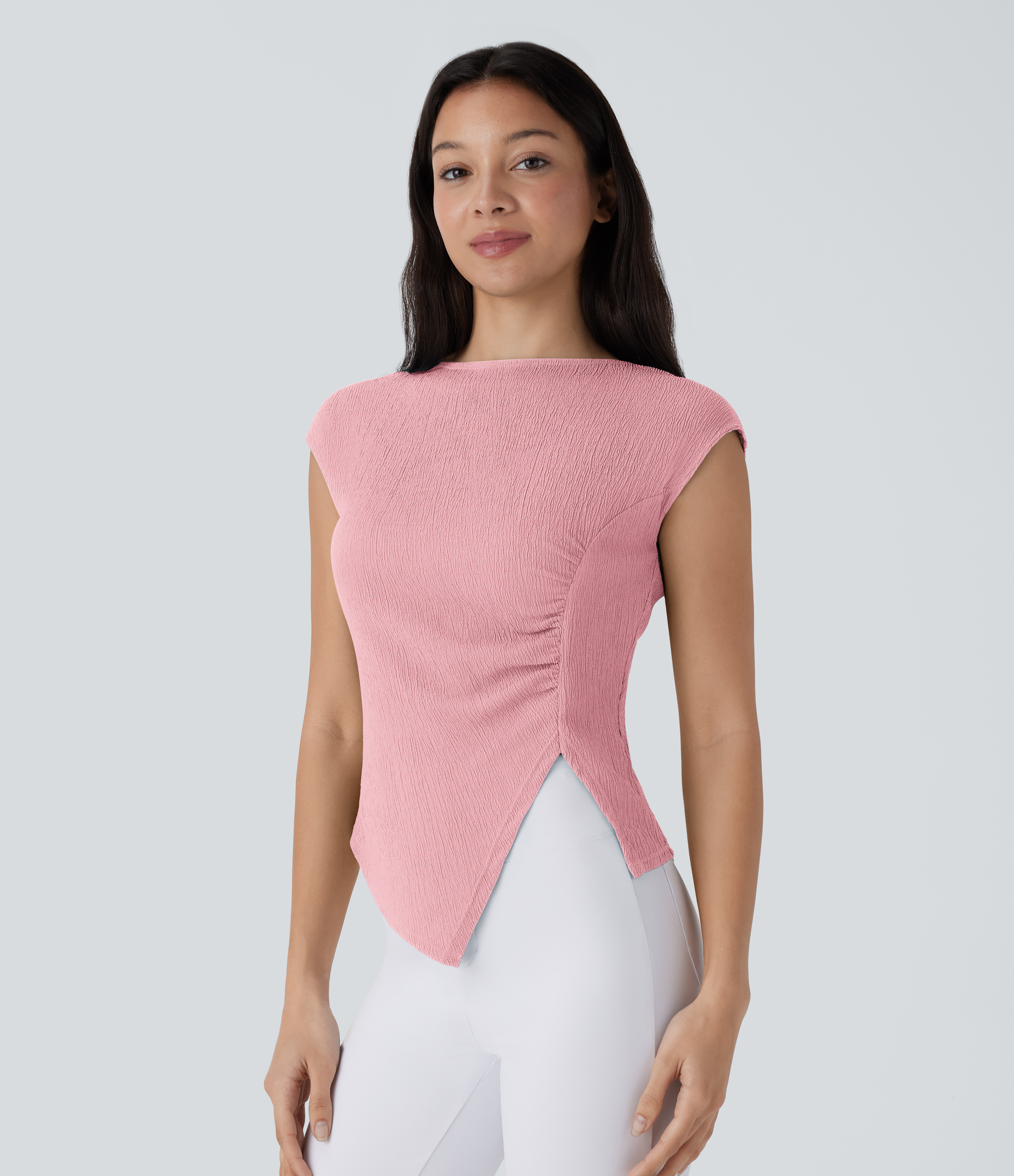 Halara Slash Neck Short Sleeve Ruched Split Asymmetric Hem Casual Top Tank Top - Bridal Rose - S golf tops halter top tunic tops 