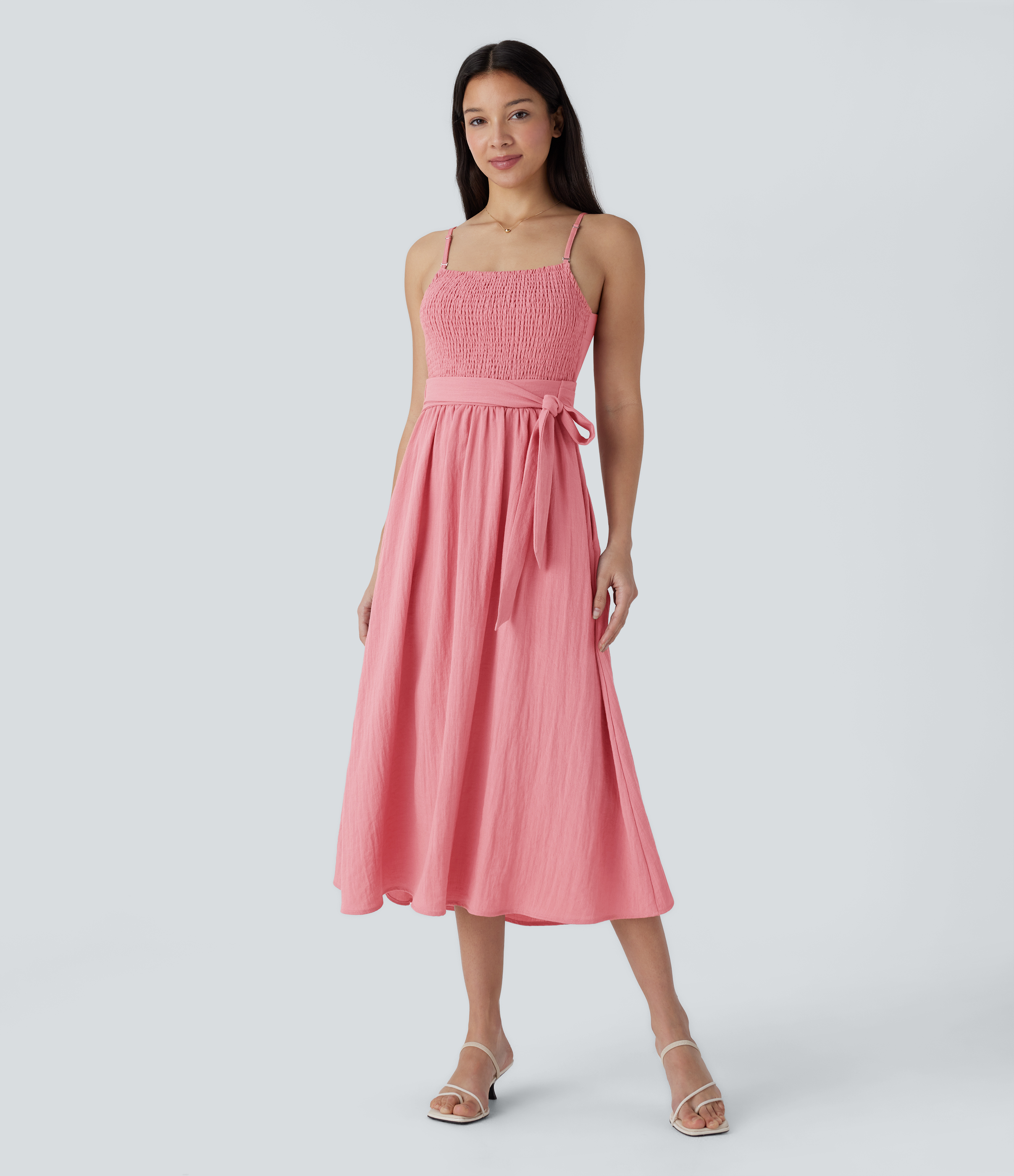 Halara Adjustable Strap Backless Shirred Tie Back Side Pocket Flowy Midi Casual Linen-Feel Dress-Front and Back Wearable Casual Dress - Rosette - S 