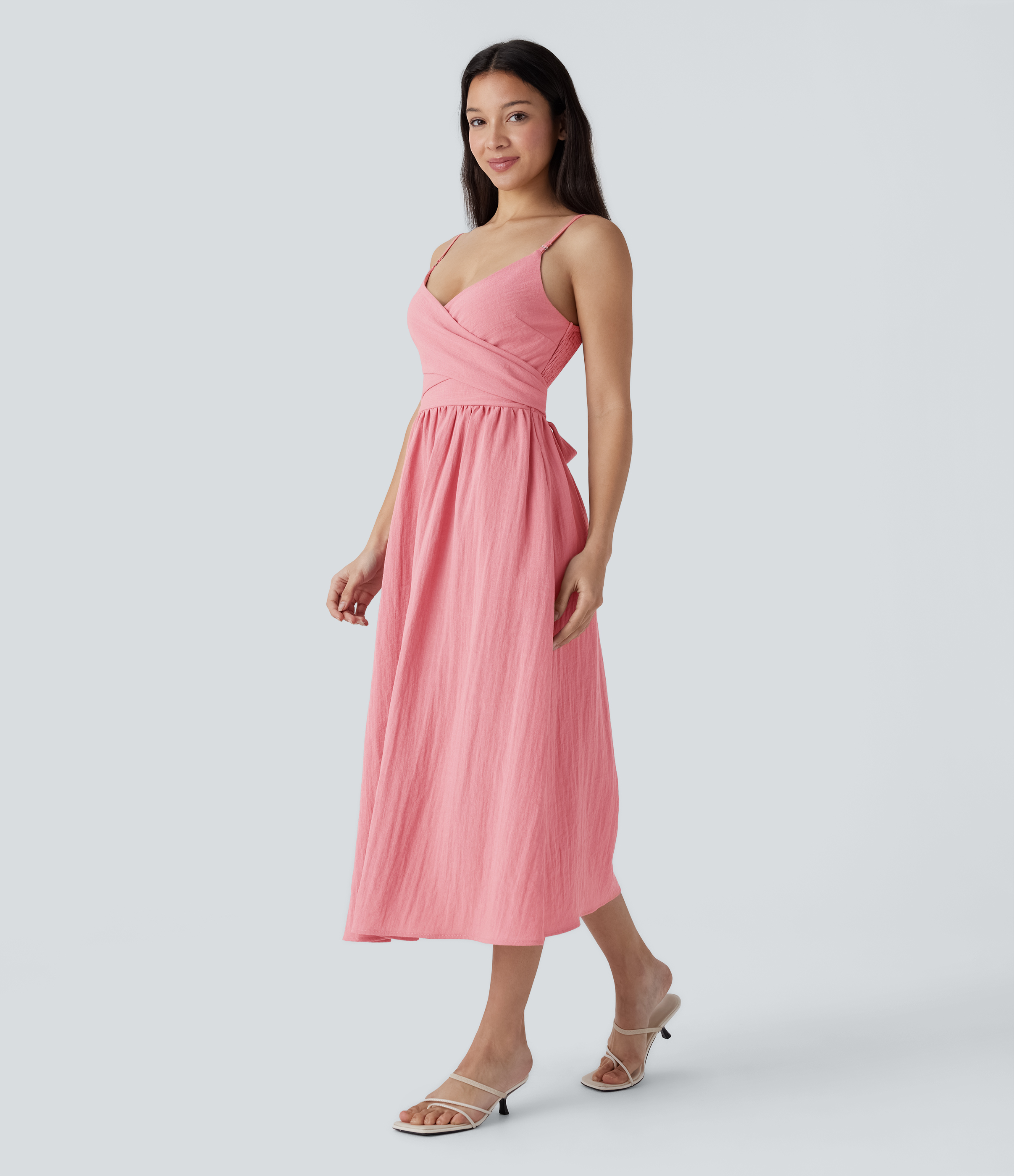 Halara Adjustable Strap Backless Shirred Tie Back Side Pocket Flowy Midi Casual Linen-Feel Dress-Front and Back Wearable Casual Dress - Rosette - S 