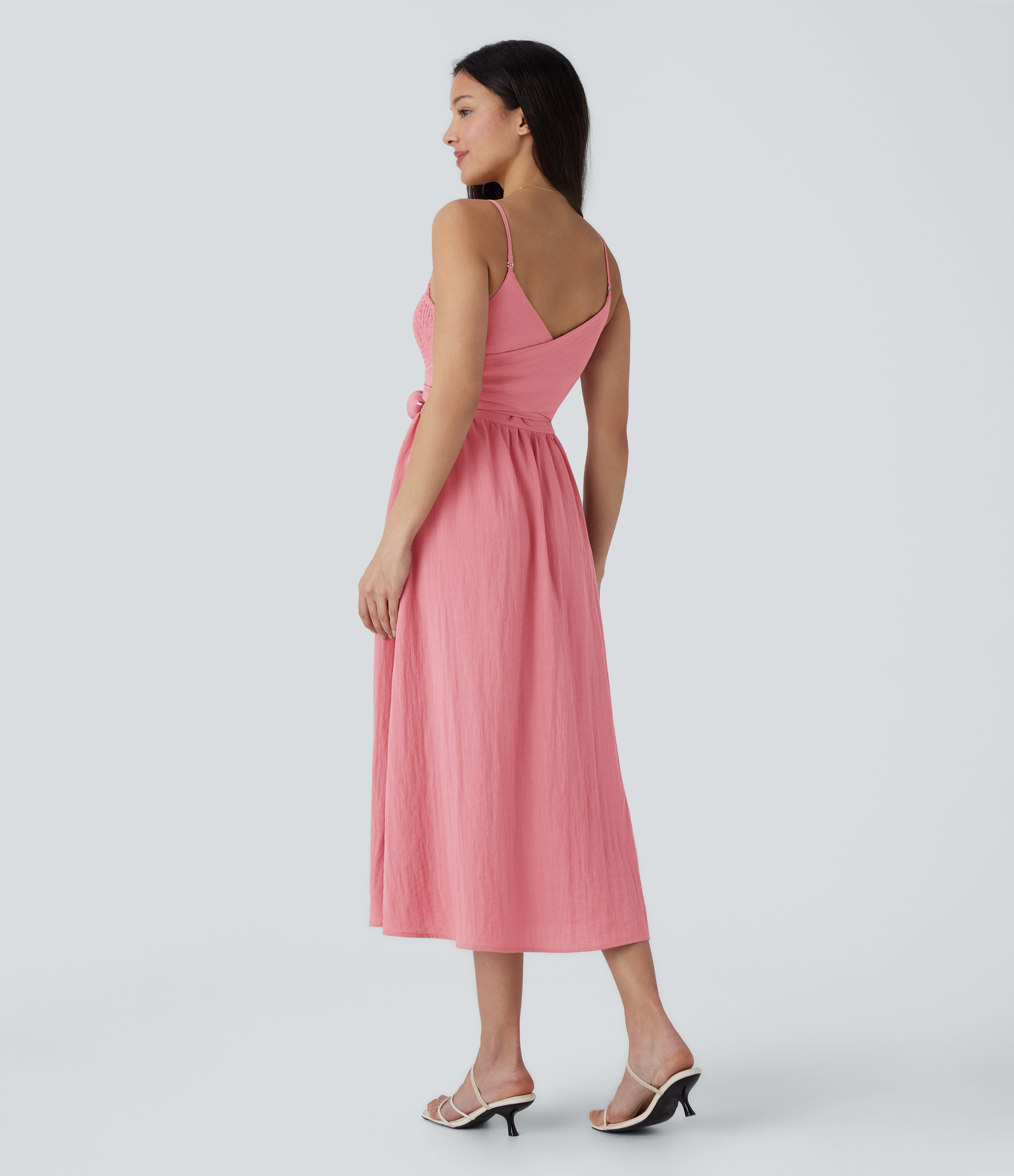Halara Adjustable Strap Backless Shirred Tie Back Side Pocket Flowy Midi Casual Linen-Feel Dress-Front and Back Wearable Casual Dress - Rosette - S 