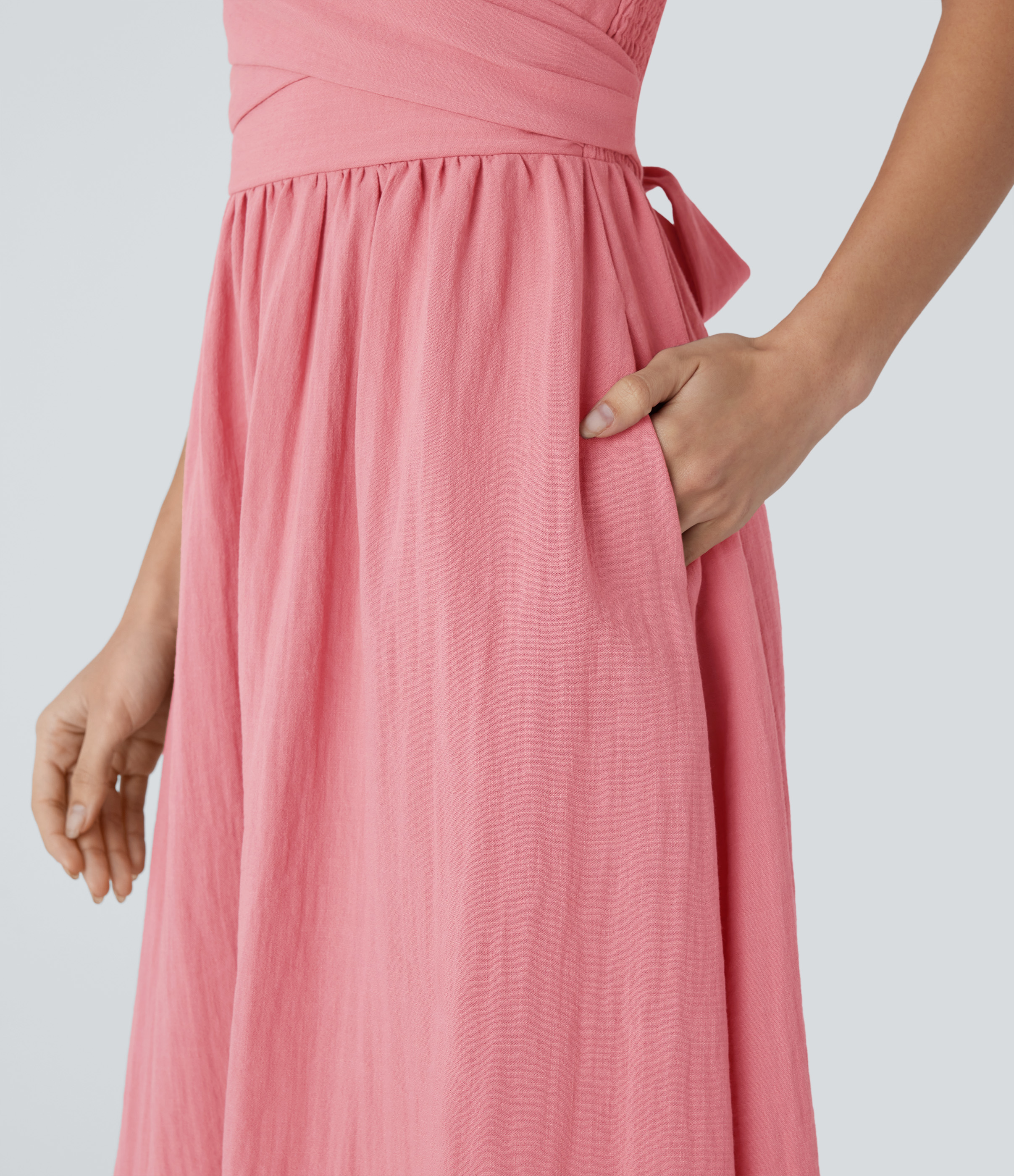 Halara Adjustable Strap Backless Shirred Tie Back Side Pocket Flowy Midi Casual Linen-Feel Dress-Front and Back Wearable Casual Dress - Rosette - S 