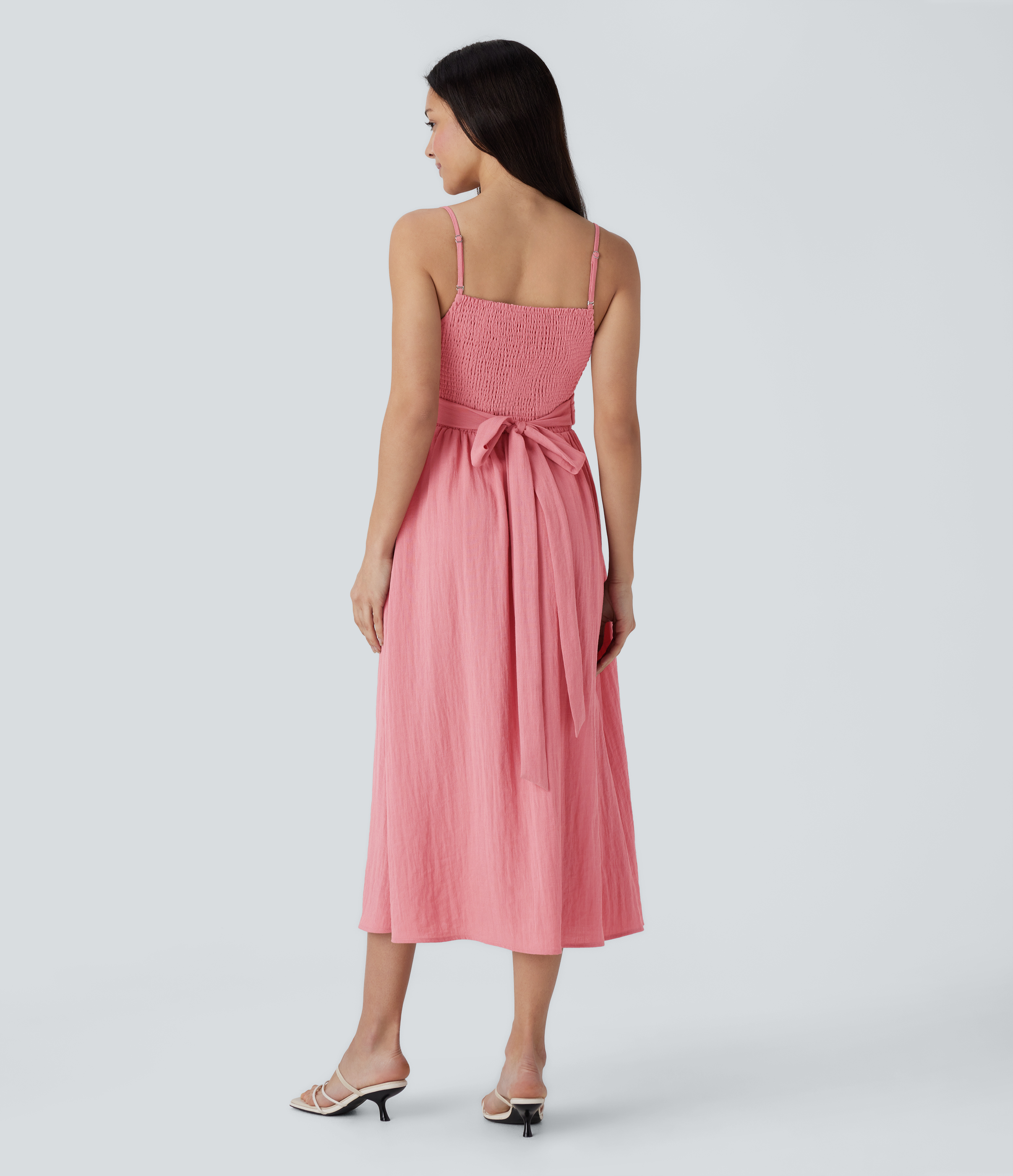 Halara Adjustable Strap Backless Shirred Tie Back Side Pocket Flowy Midi Casual Linen-Feel Dress-Front and Back Wearable Casual Dress - Rosette - S 