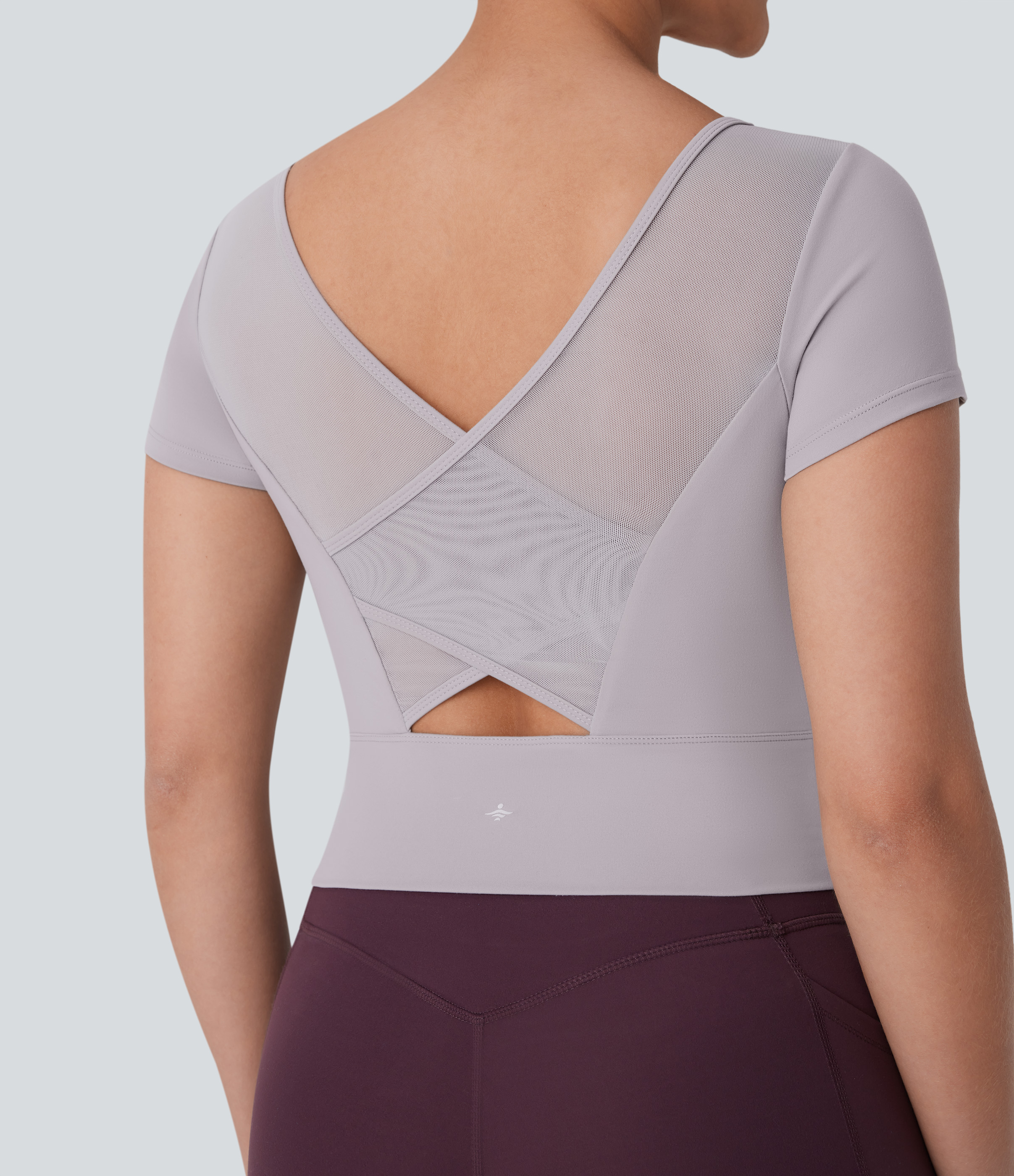 Halara Softlyzeroв„ў Plush U Neck Short Sleeve Backless Crossover Contrast Mesh Yoga Sports Top  - Steel Gray - S 