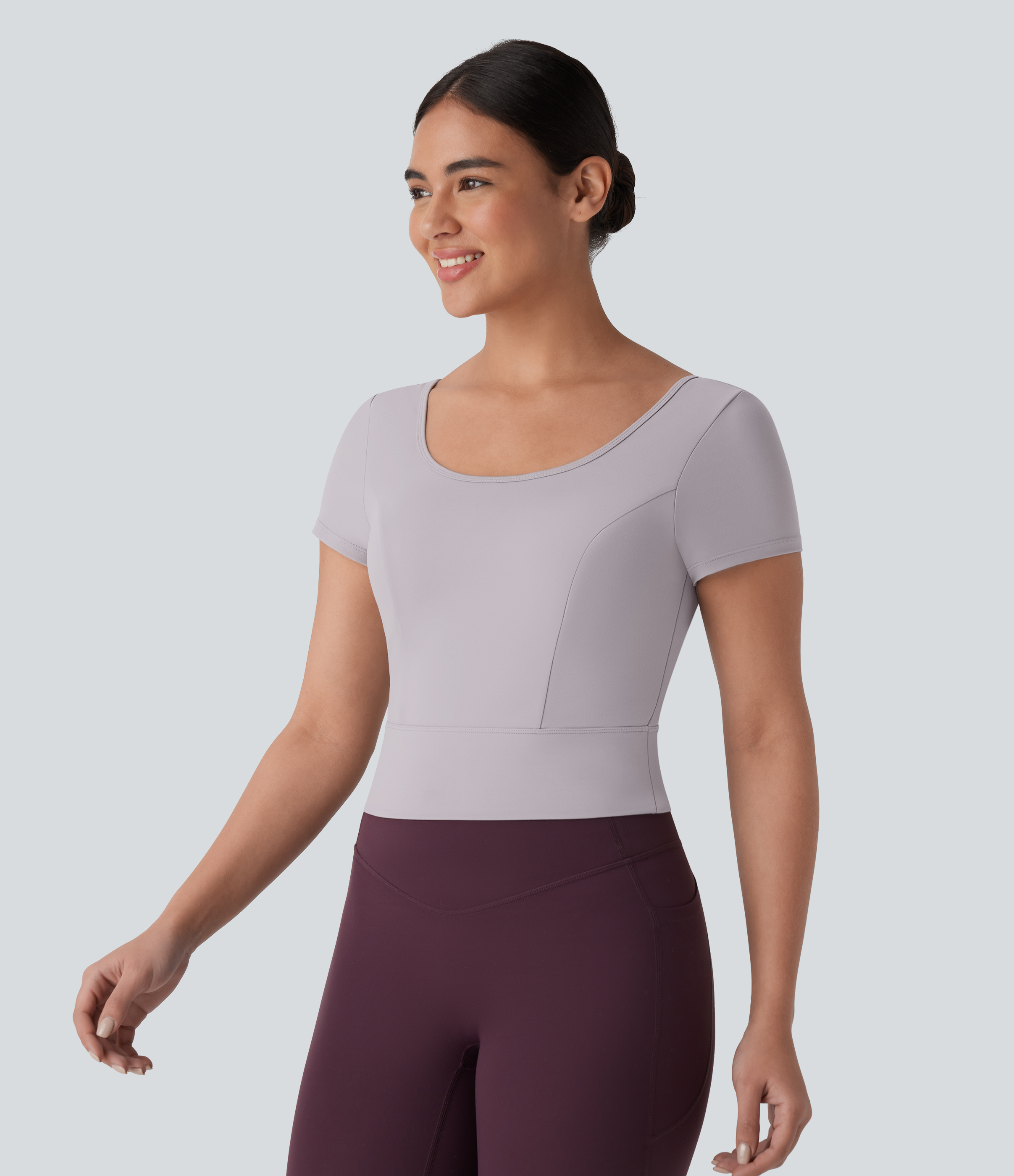 Halara Softlyzeroв„ў Plush U Neck Short Sleeve Backless Crossover Contrast Mesh Yoga Sports Top  - Steel Gray - S 