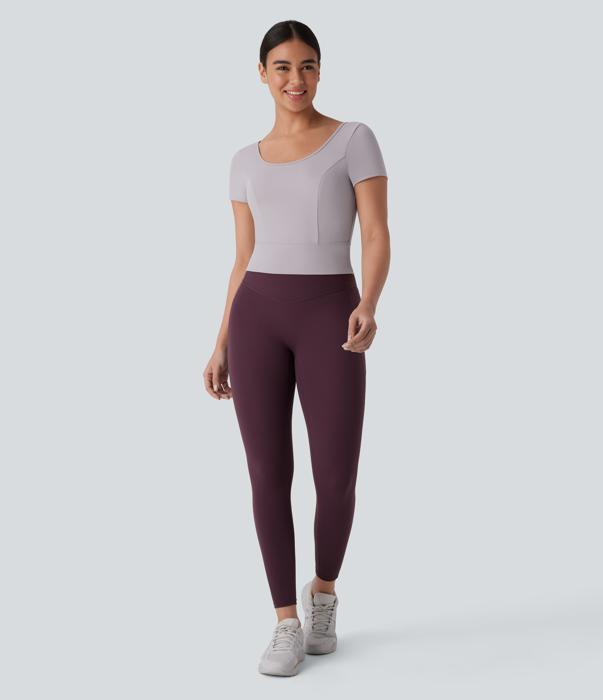 Halara Softlyzeroв„ў Plush U Neck Short Sleeve Backless Crossover Contrast Mesh Yoga Sports Top  - Steel Gray - S 