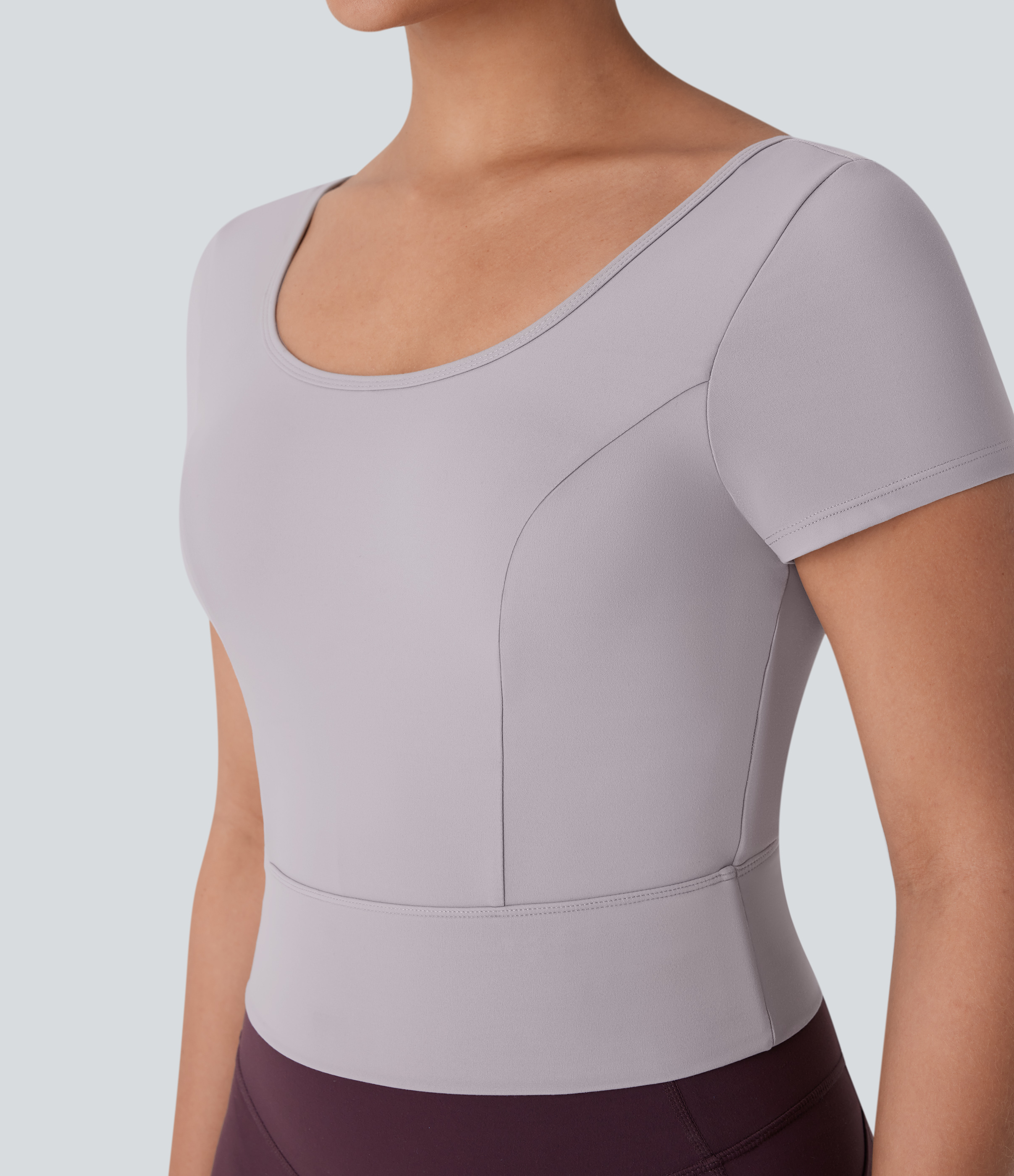 Halara Softlyzeroв„ў Plush U Neck Short Sleeve Backless Crossover Contrast Mesh Yoga Sports Top  - Steel Gray - S 