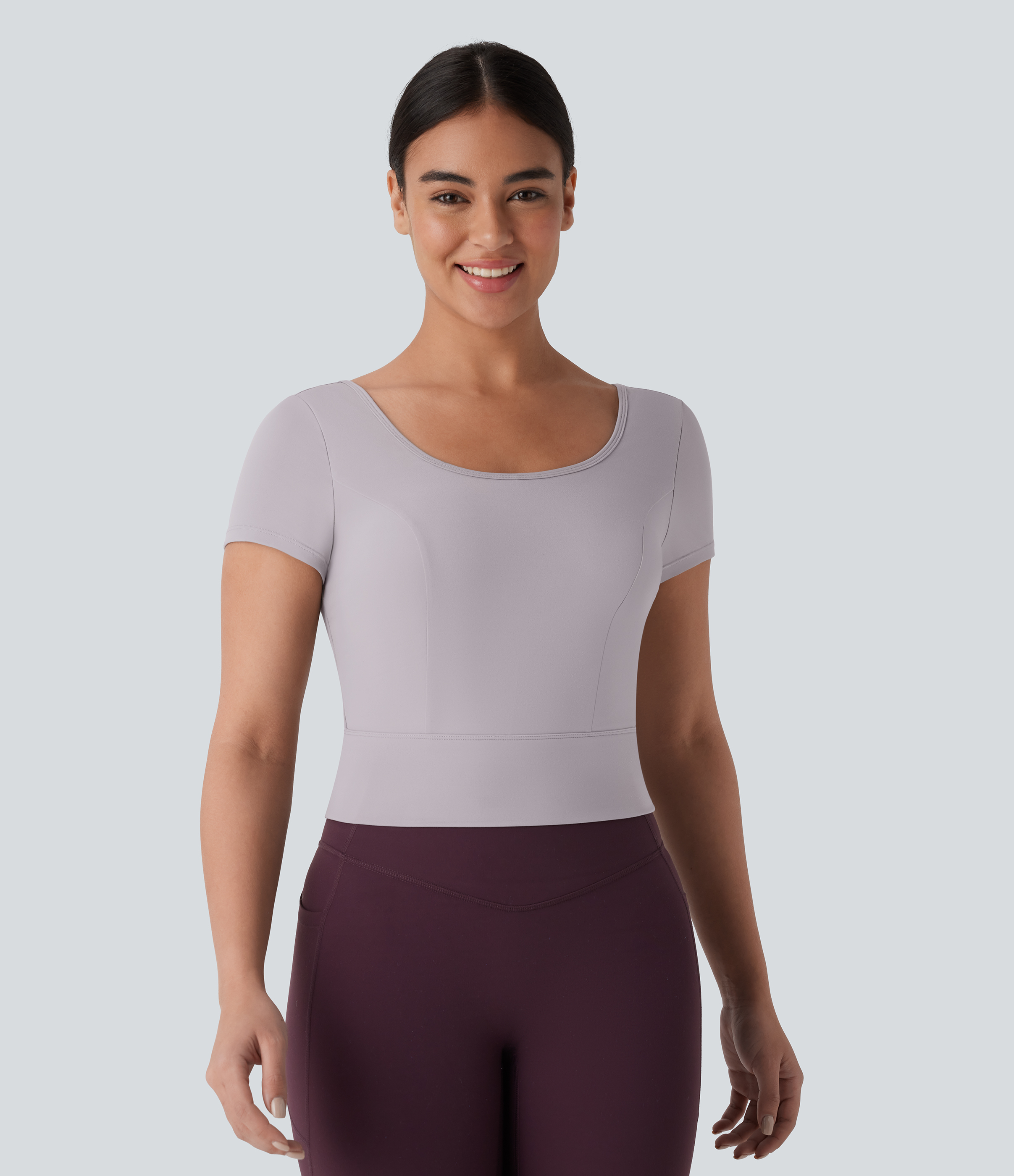 Halara Softlyzeroв„ў Plush U Neck Short Sleeve Backless Crossover Contrast Mesh Yoga Sports Top  - Steel Gray - S 