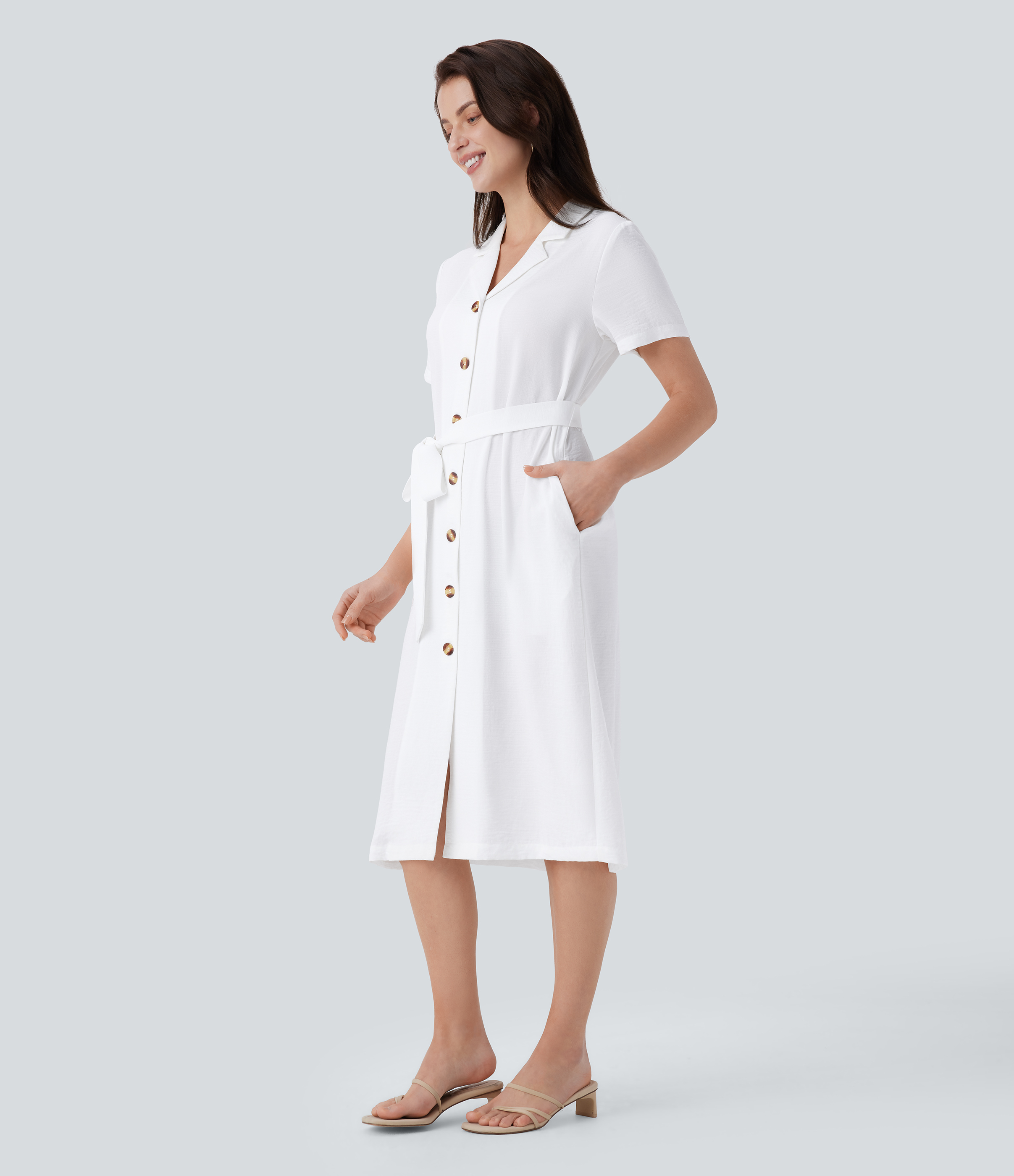 Halara Notched Collar Short Sleeve Button Side Pocket Belted Midi Casual Linen-Feel Dress Casual Dress - White - S slip dress beach dress 