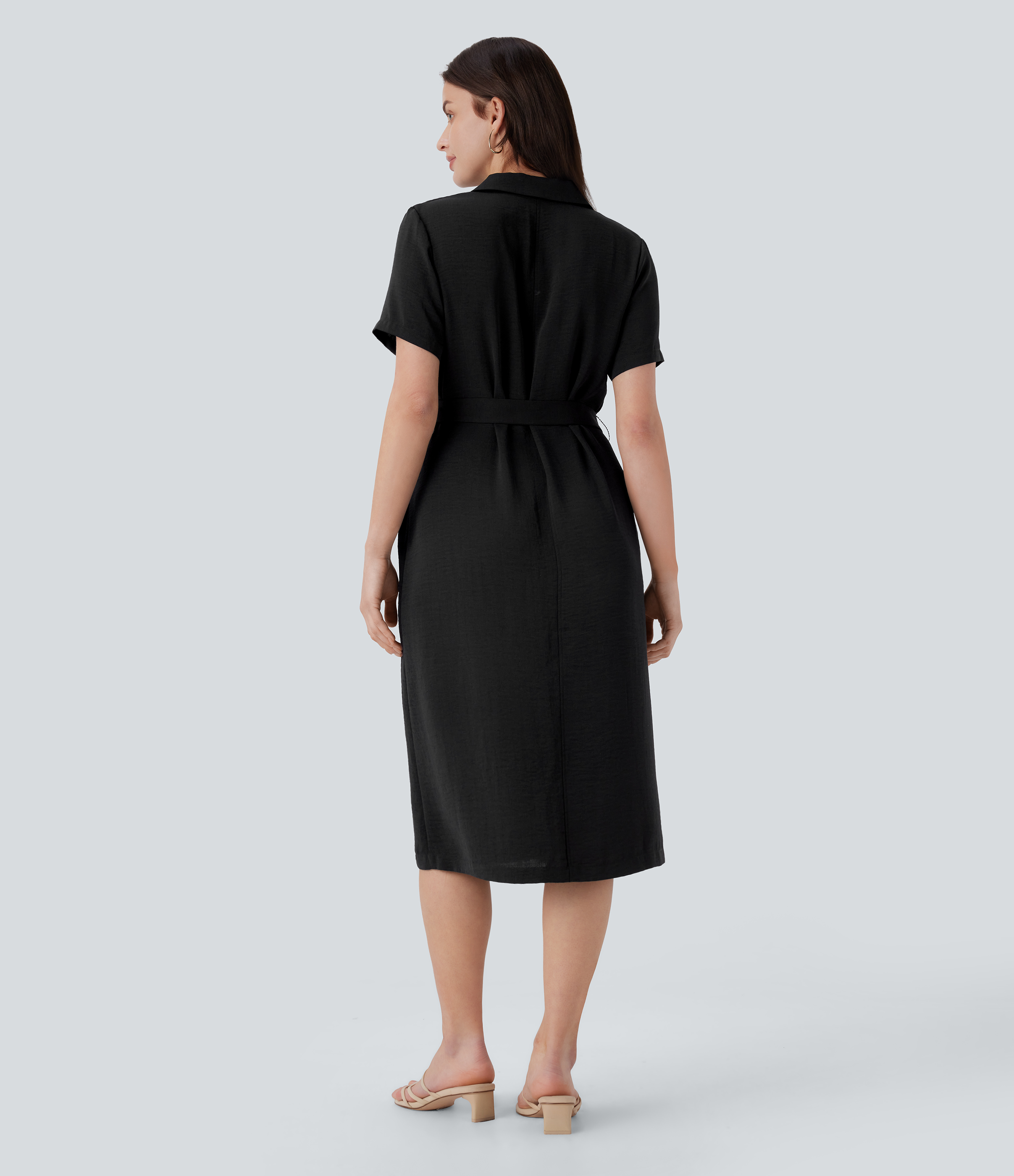 Halara Notched Collar Short Sleeve Button Side Pocket Belted Midi Casual Linen-Feel Dress Casual Dress - Black - XS slip dress beach dress 