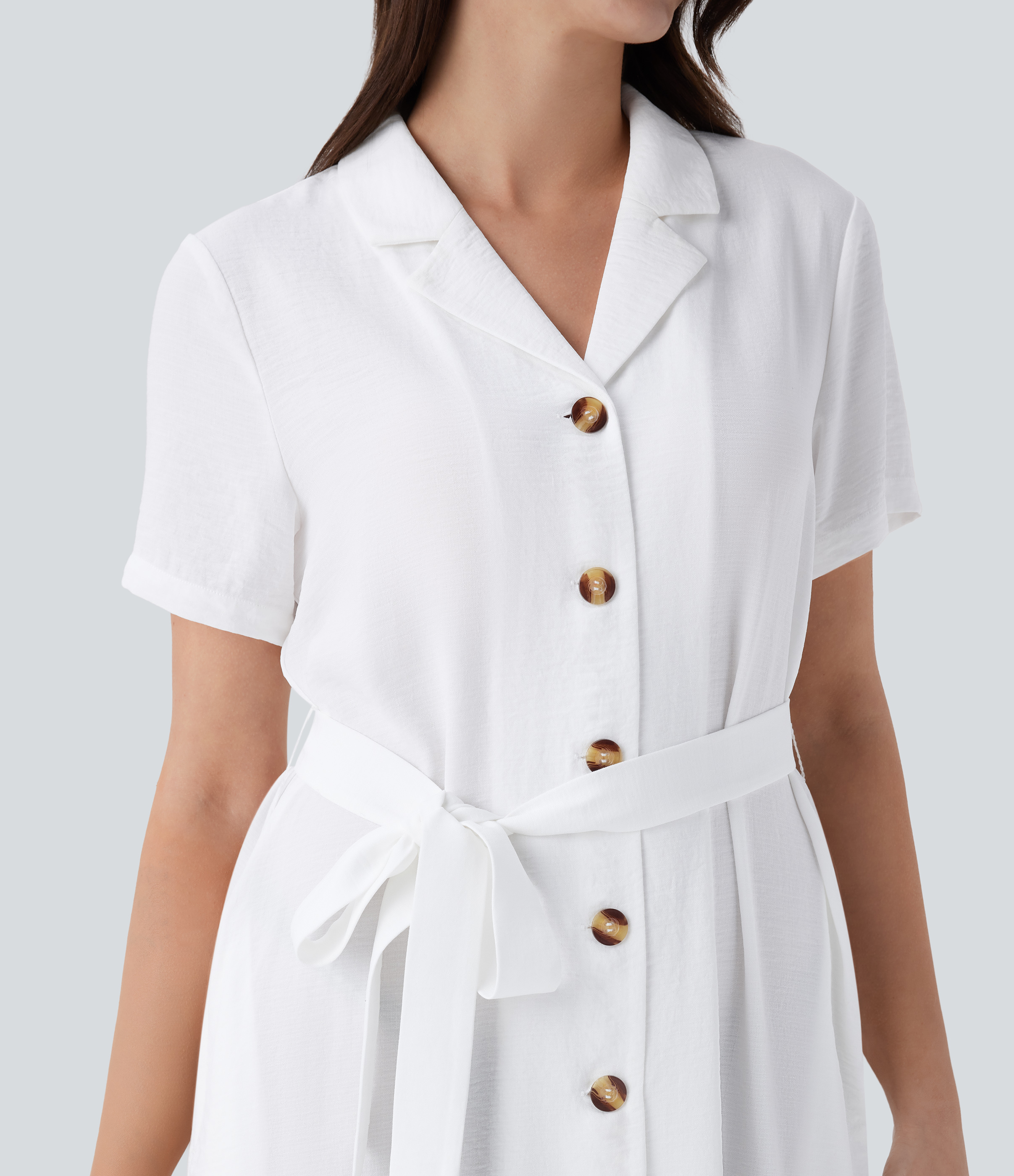 Halara Notched Collar Short Sleeve Button Side Pocket Belted Midi Casual Linen-Feel Dress Casual Dress - White - S slip dress beach dress 
