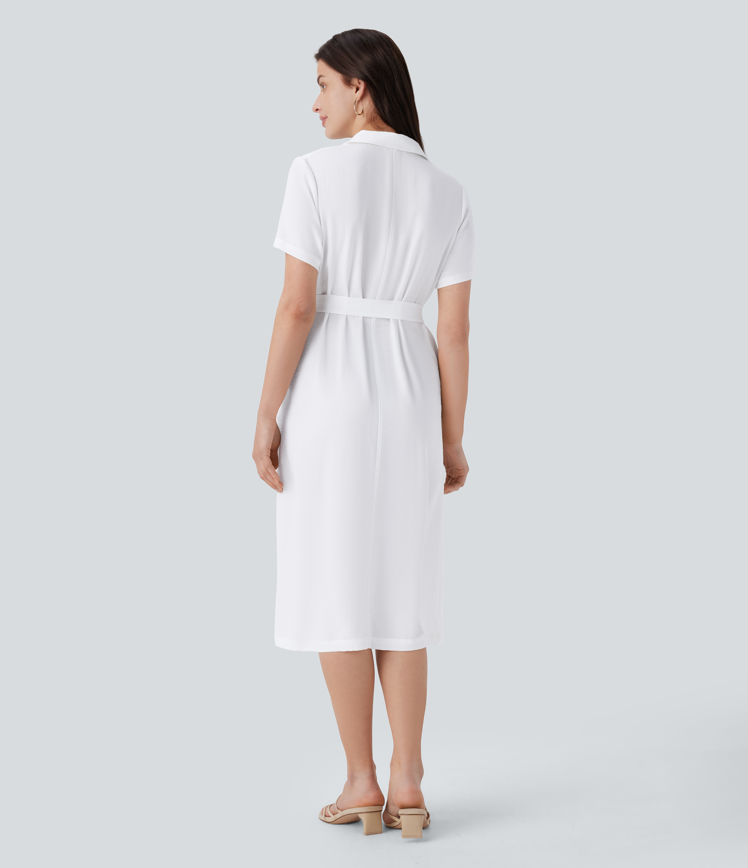 Halara Notched Collar Short Sleeve Button Side Pocket Belted Midi Casual Linen-Feel Dress Casual Dress - White - S slip dress beach dress 