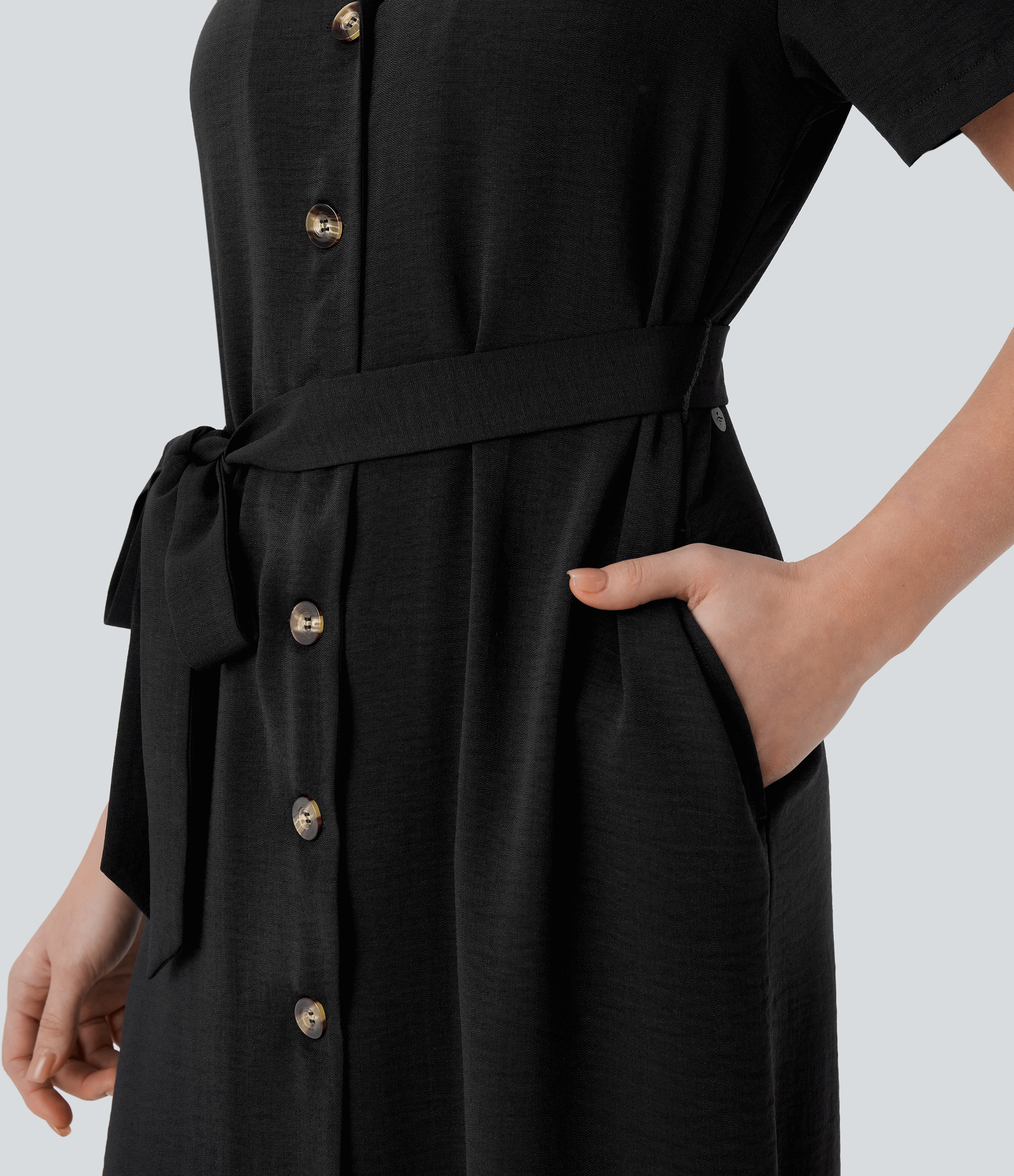 Halara Notched Collar Short Sleeve Button Side Pocket Belted Midi Casual Linen-Feel Dress Casual Dress - Black - XS slip dress beach dress 