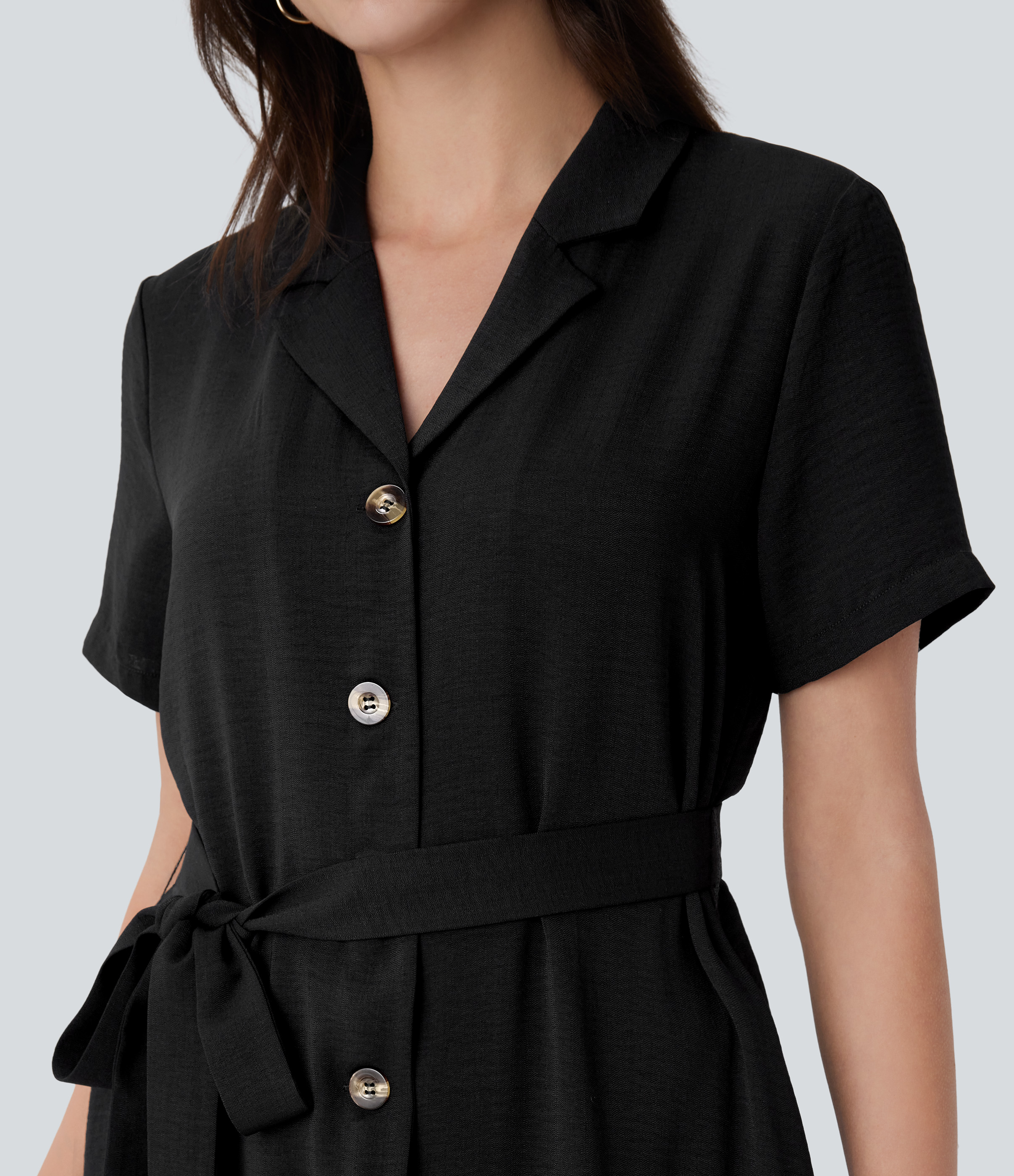 Halara Notched Collar Short Sleeve Button Side Pocket Belted Midi Casual Linen-Feel Dress Casual Dress - Black - XS slip dress beach dress 