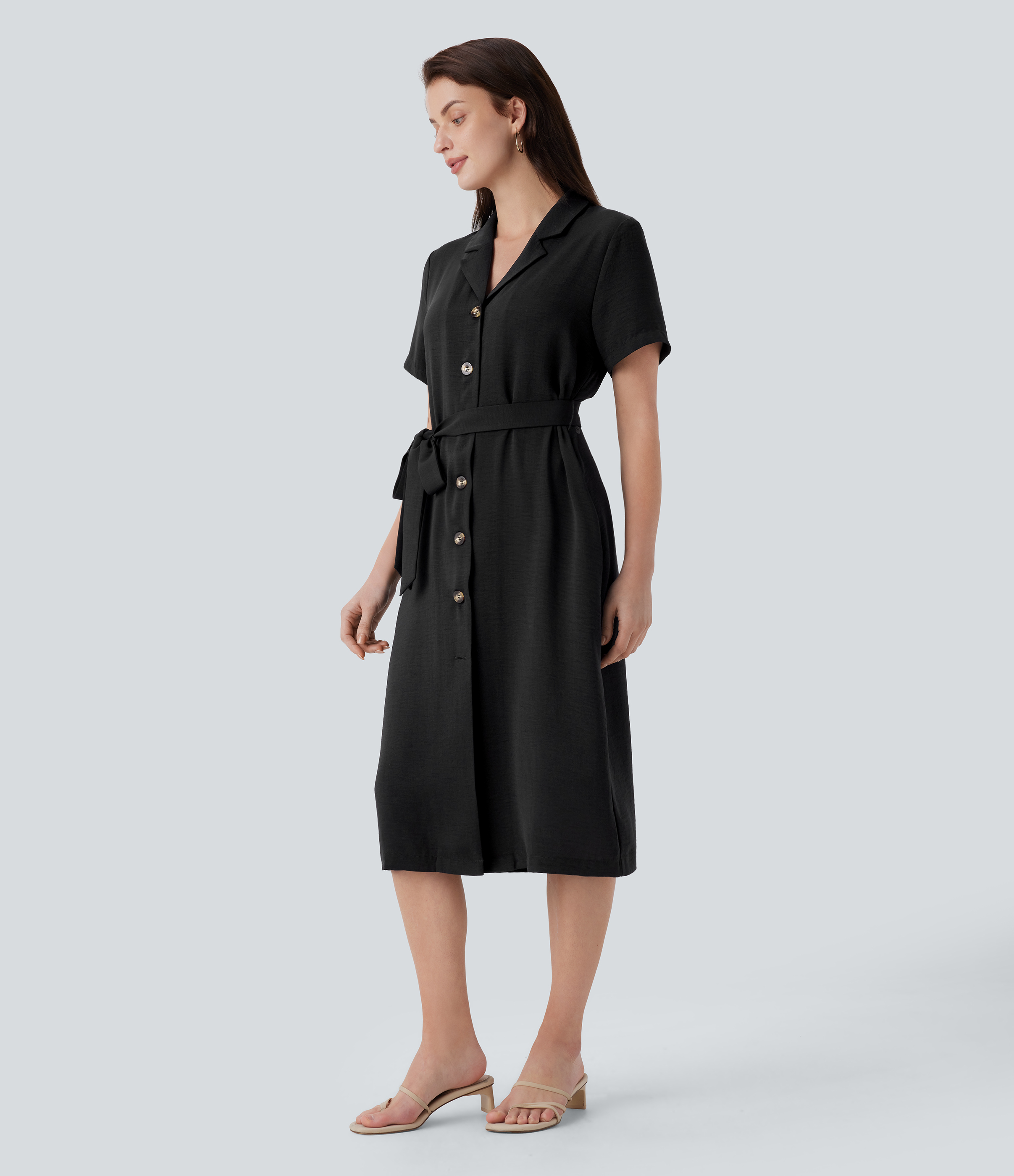 Halara Notched Collar Short Sleeve Button Side Pocket Belted Midi Casual Linen-Feel Dress Casual Dress - Black - XS slip dress beach dress 