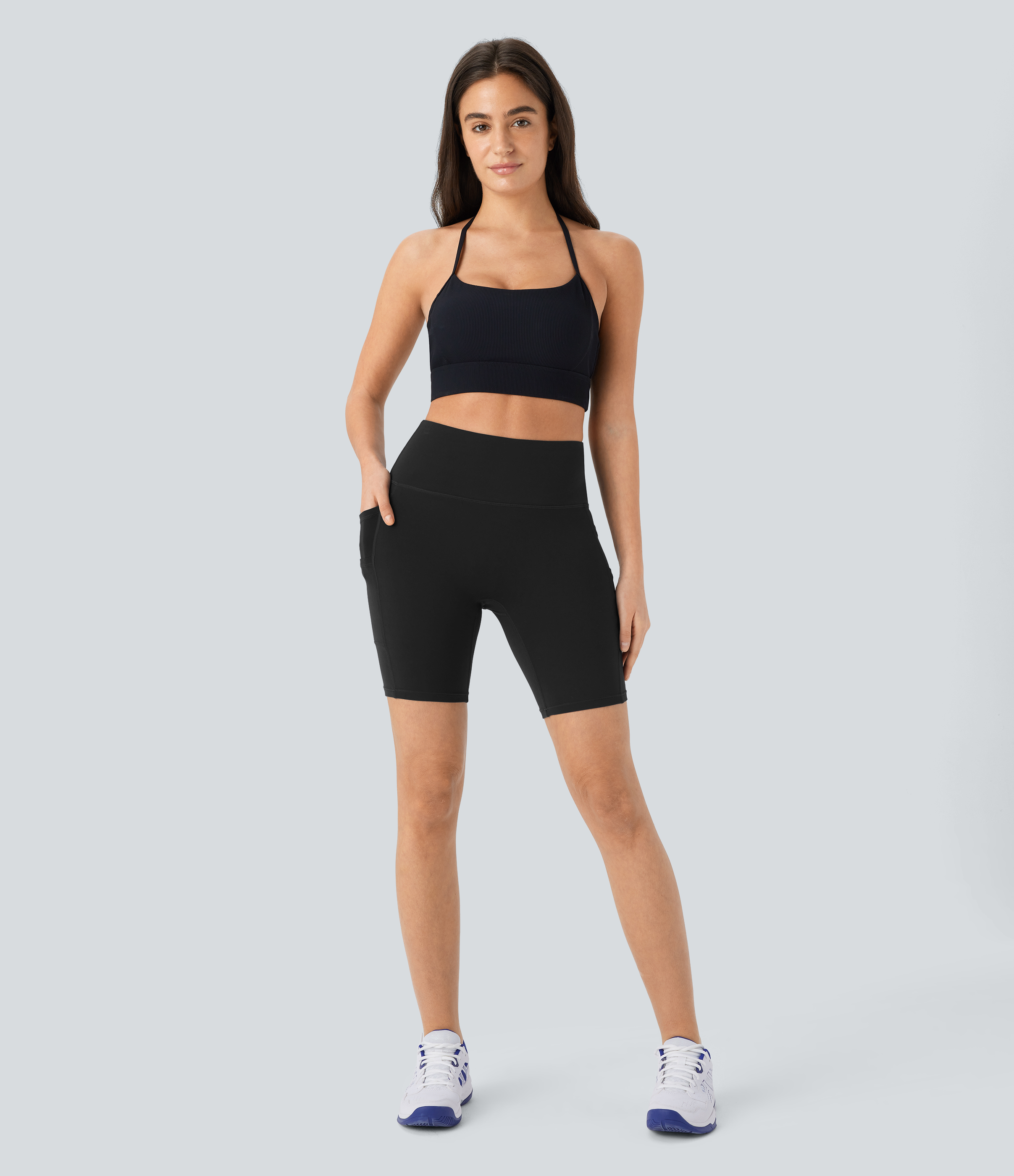 Halara Softlyzeroв„ў High Waisted Double Pockets Yoga Biker Shorts 7``-UPF50+  - Black - XS biker shorts women black biker shorts 