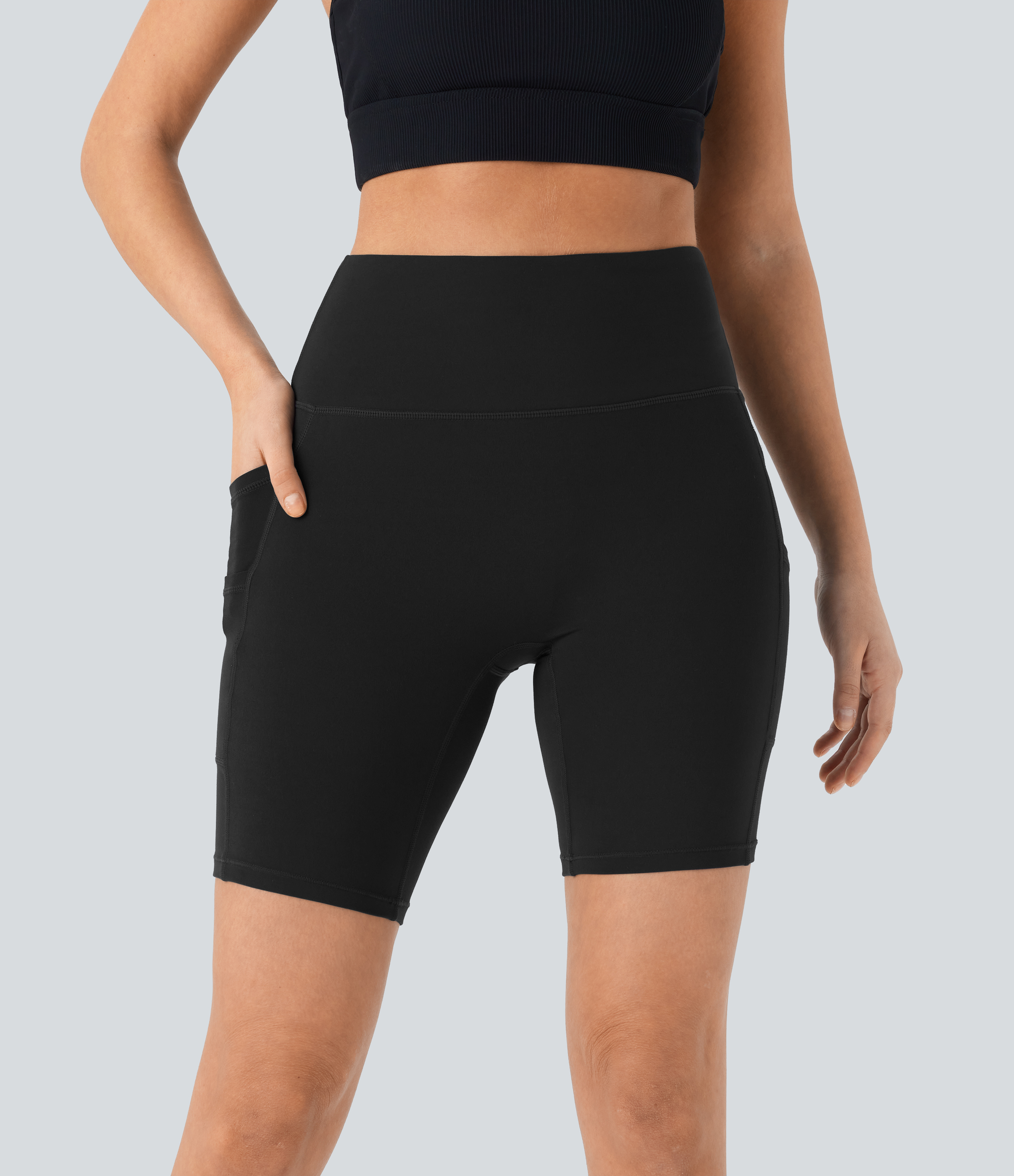 Halara Softlyzeroв„ў High Waisted Double Pockets Yoga Biker Shorts 7``-UPF50+  - Black - XS biker shorts women black biker shorts 