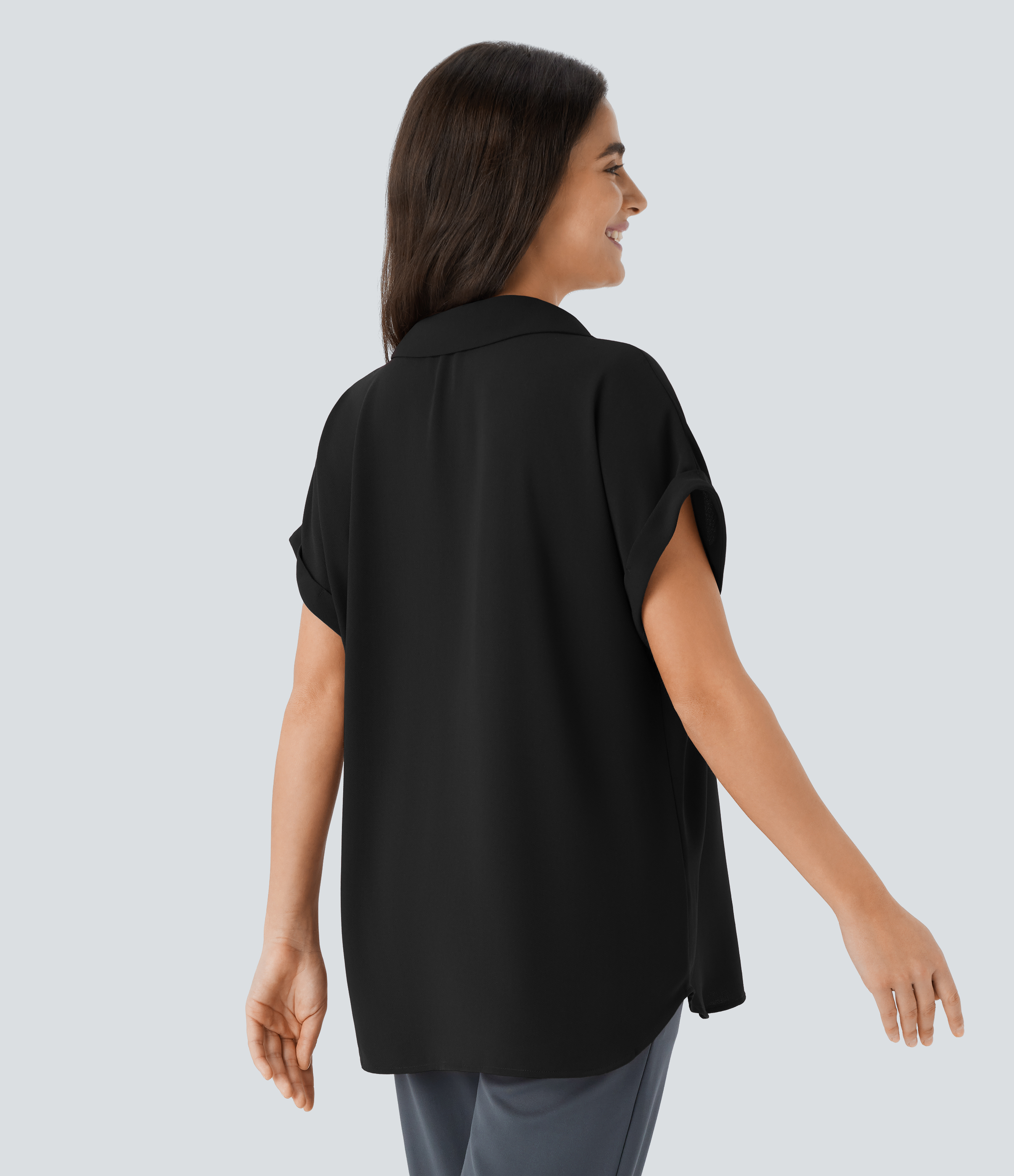 Halara Collared V Neck Short Sleeve Curved Hem Work Shirt  - Black - L 