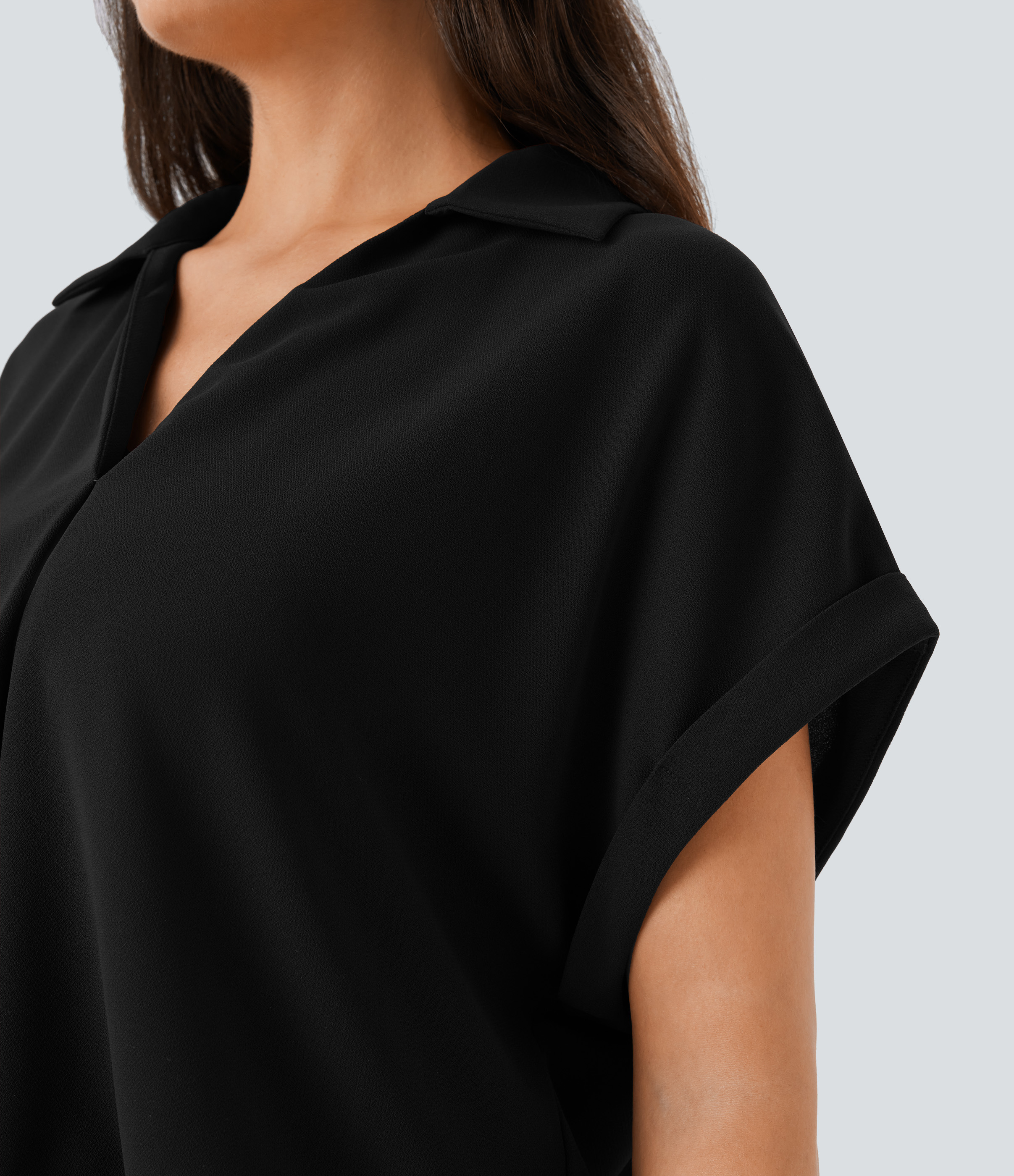 Halara Collared V Neck Short Sleeve Curved Hem Work Shirt  - Black - L 