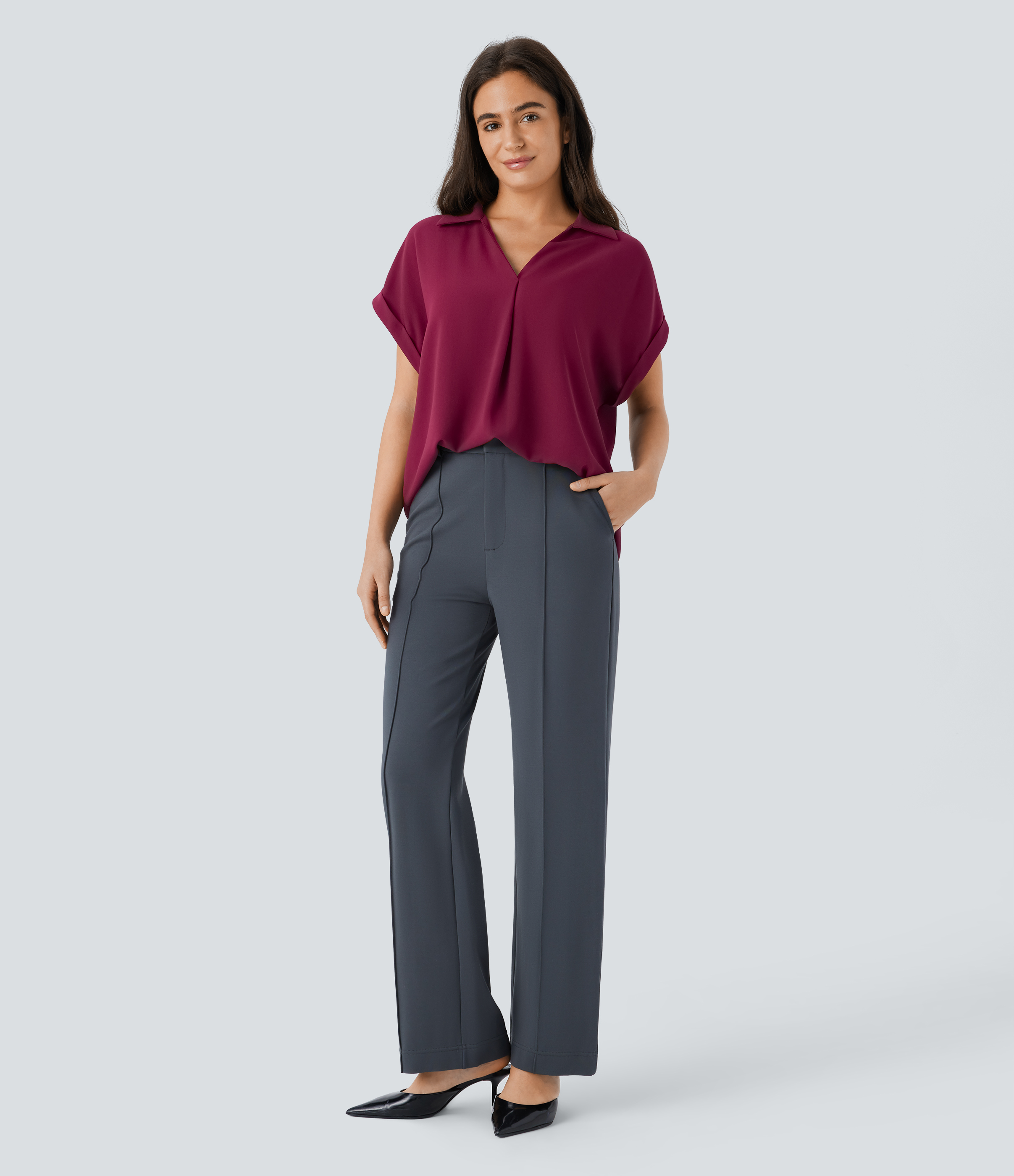 Halara Collared V Neck Short Sleeve Curved Hem Work Shirt  - Beet Red - XL 