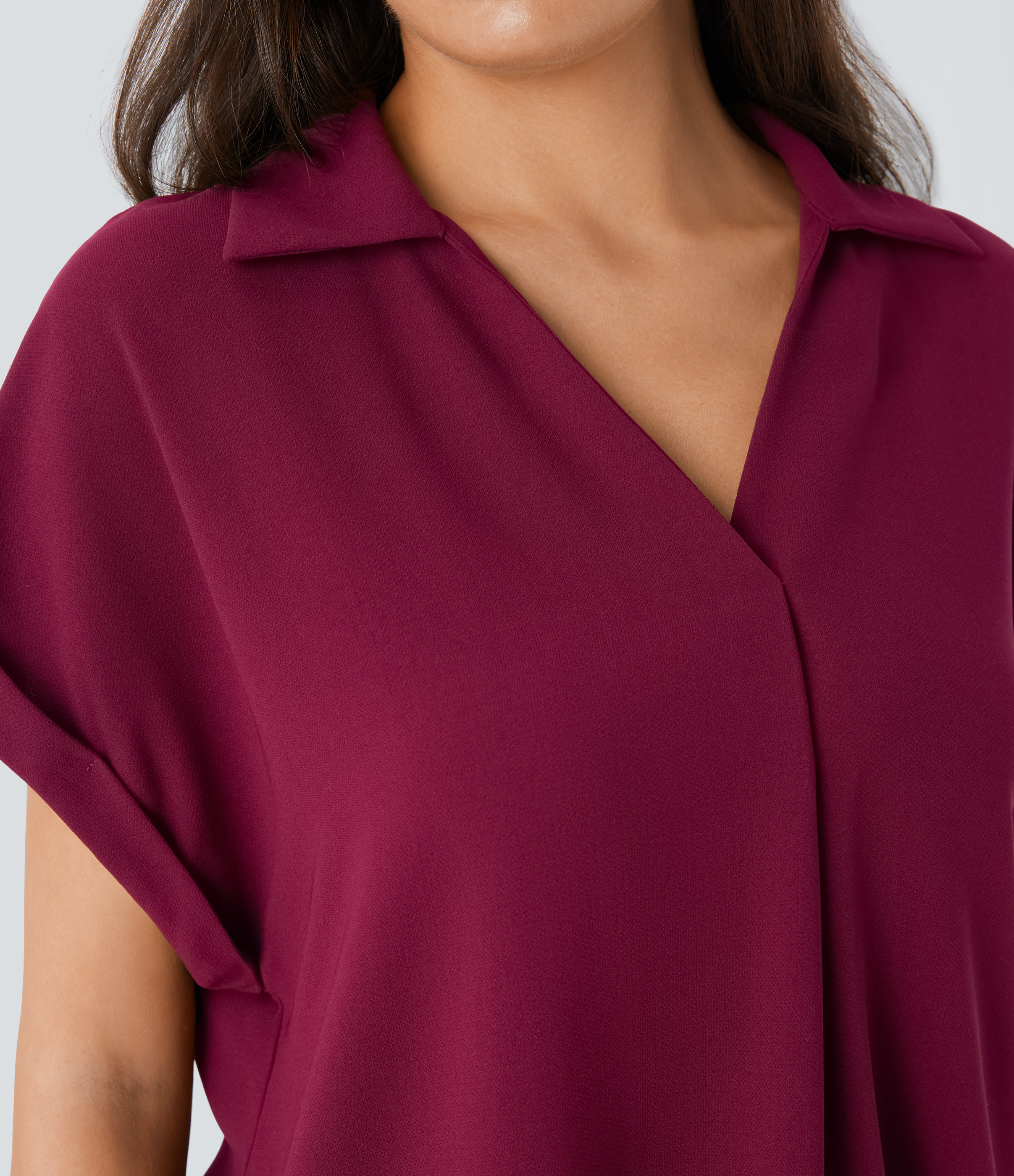 Halara Collared V Neck Short Sleeve Curved Hem Work Shirt  - Beet Red - XL 