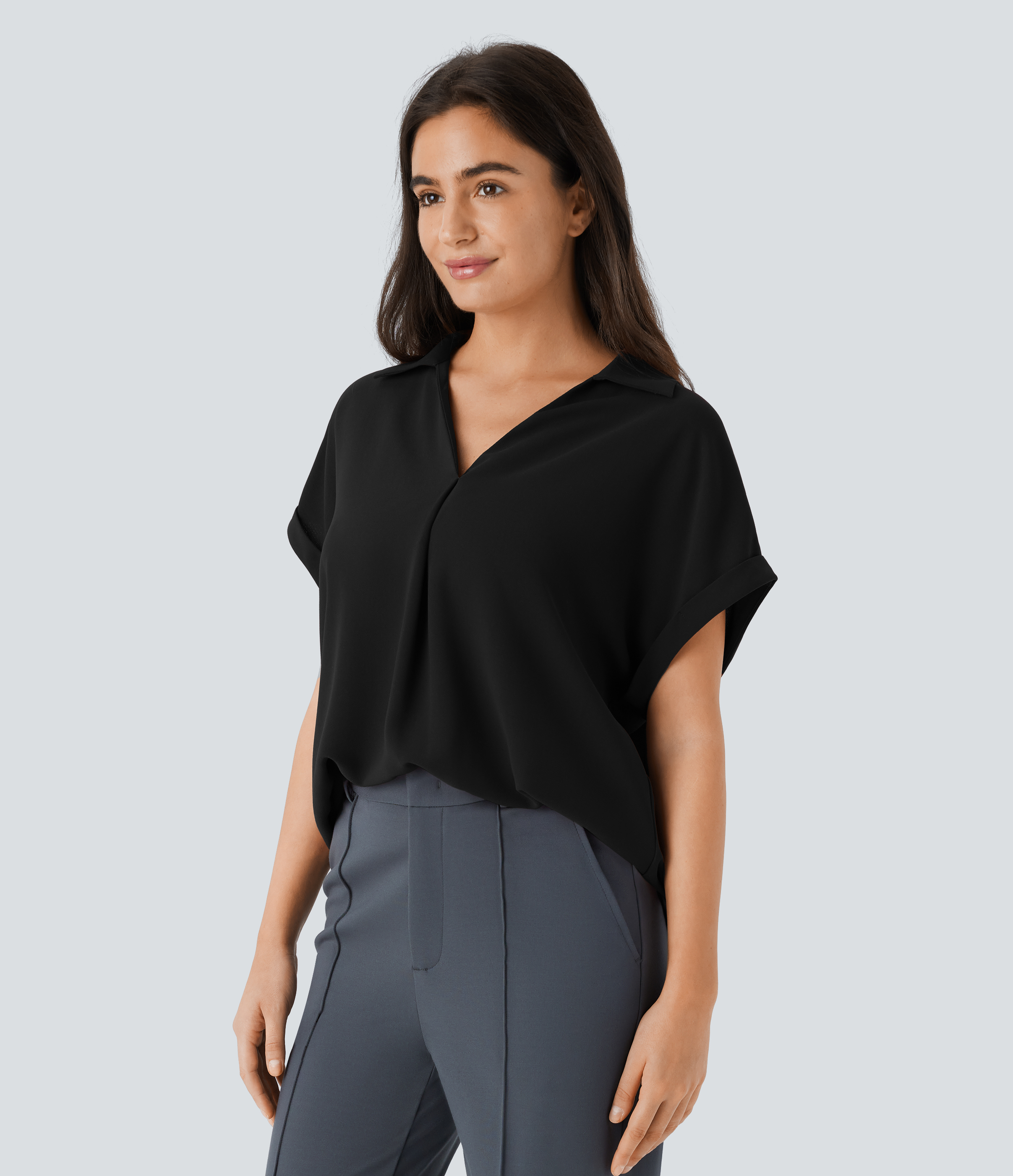 Halara Collared V Neck Short Sleeve Curved Hem Work Shirt  - Black - L 