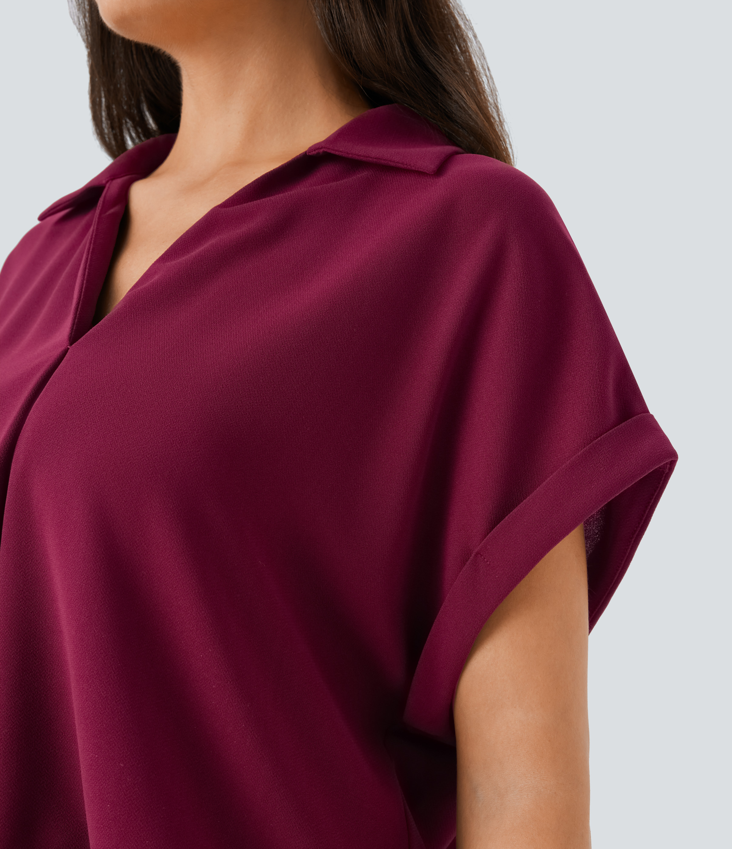 Halara Collared V Neck Short Sleeve Curved Hem Work Shirt  - Beet Red - XL 