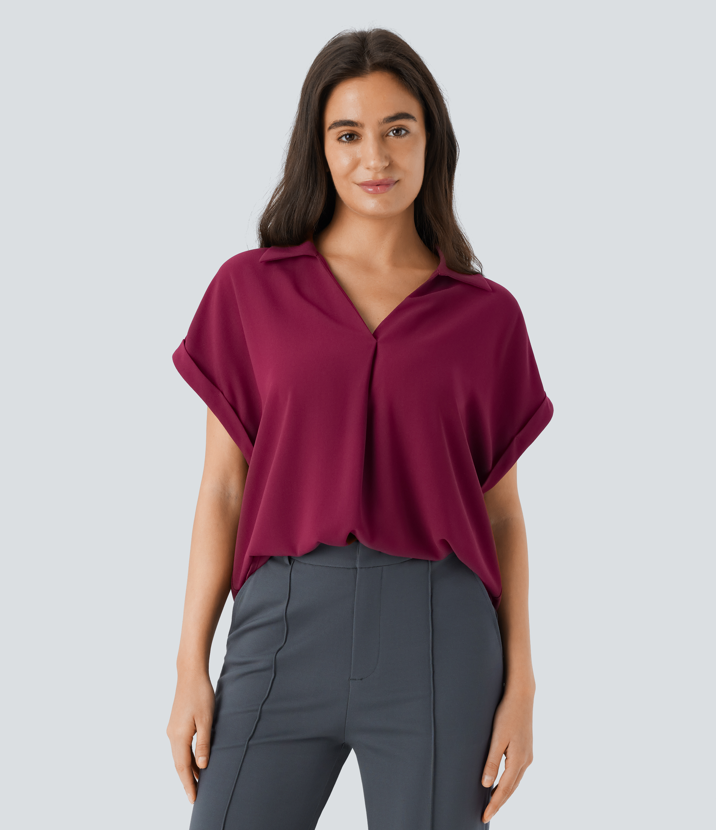 Halara Collared V Neck Short Sleeve Curved Hem Work Shirt  - Beet Red - XL 