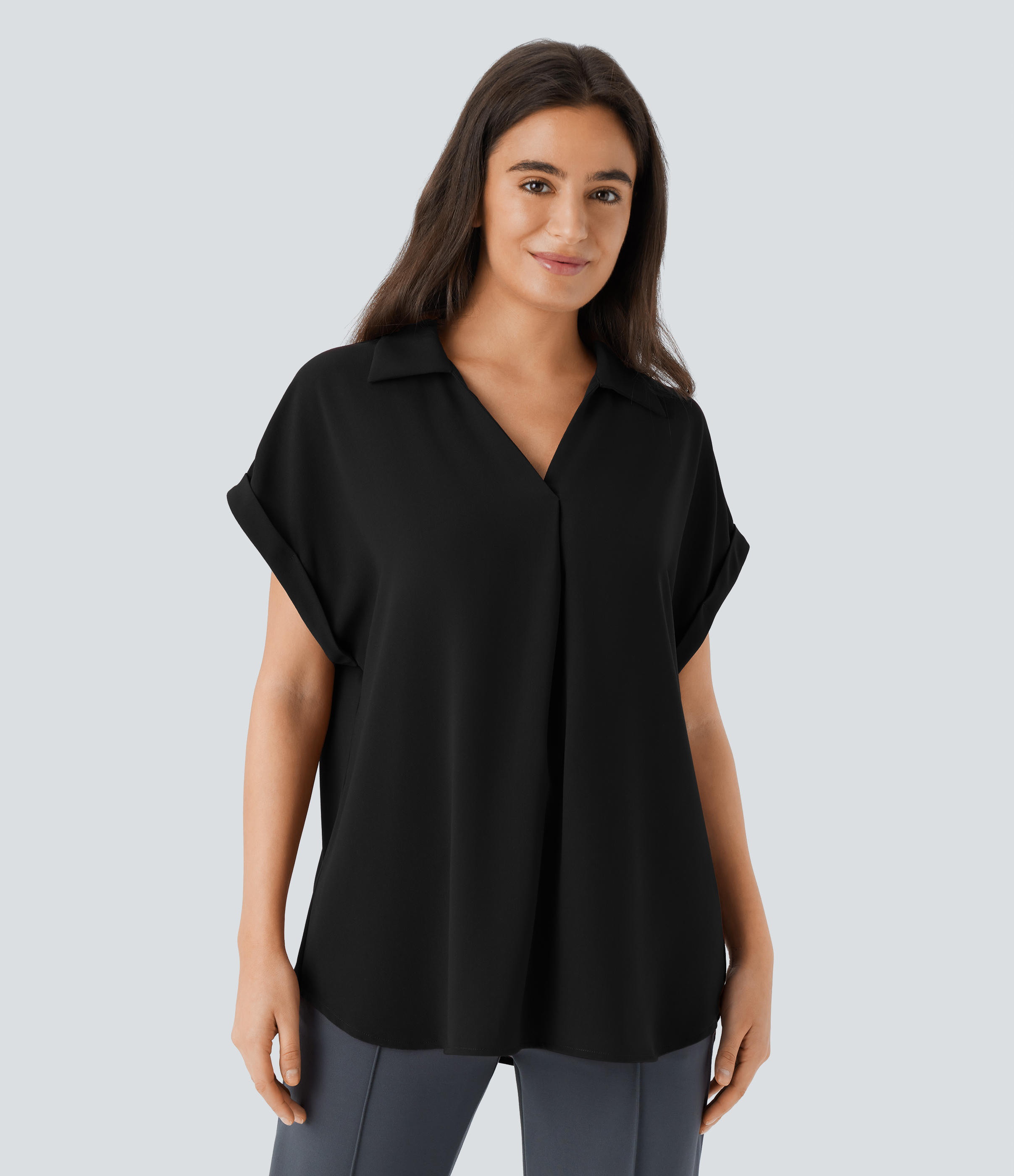 Halara Collared V Neck Short Sleeve Curved Hem Work Shirt  - Black - L 