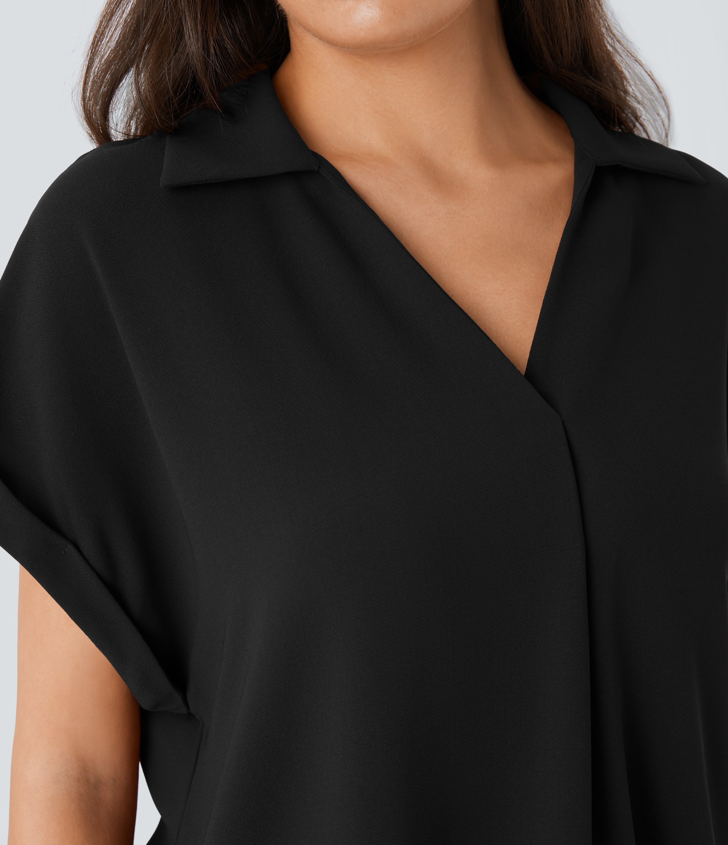 Halara Collared V Neck Short Sleeve Curved Hem Work Shirt  - Black - L 