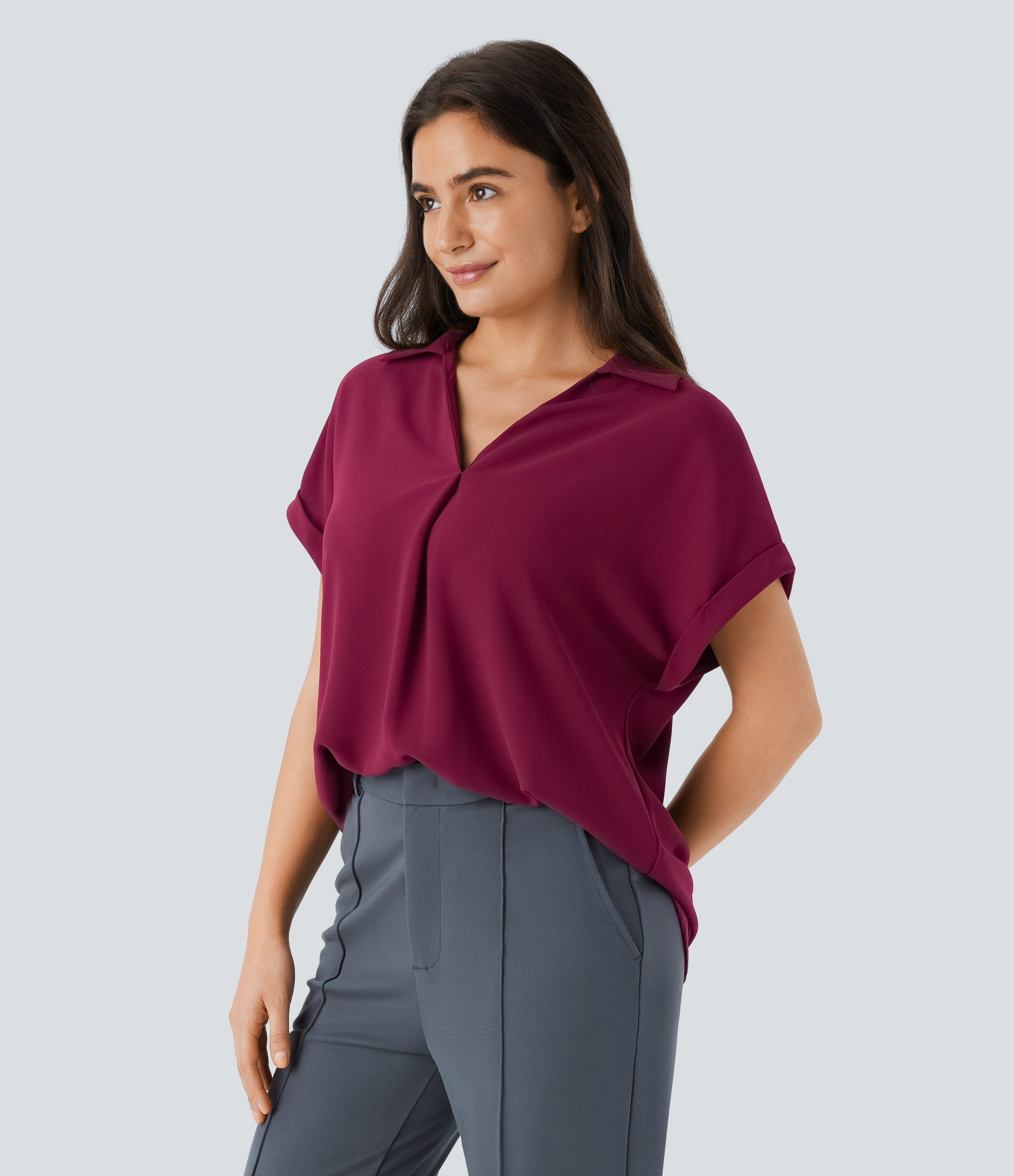 Halara Collared V Neck Short Sleeve Curved Hem Work Shirt  - Beet Red - XL 