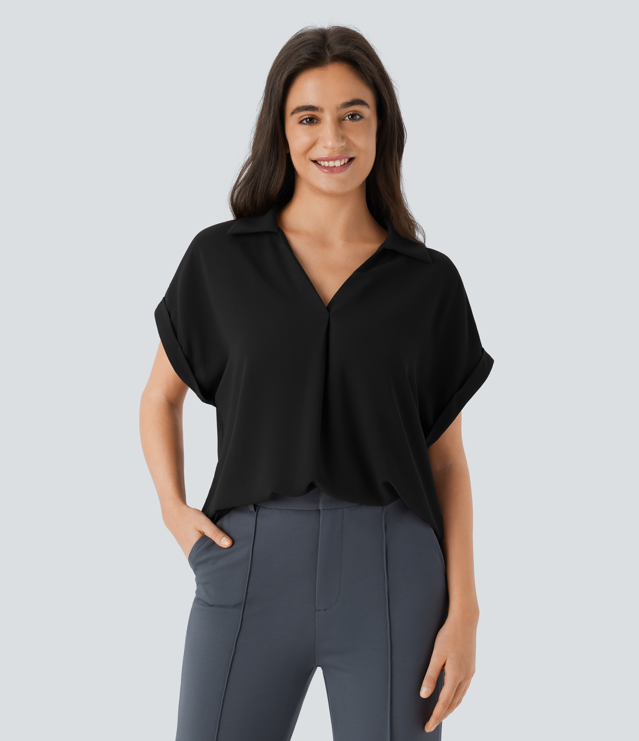 Halara Collared V Neck Short Sleeve Curved Hem Work Shirt  - Black - L 
