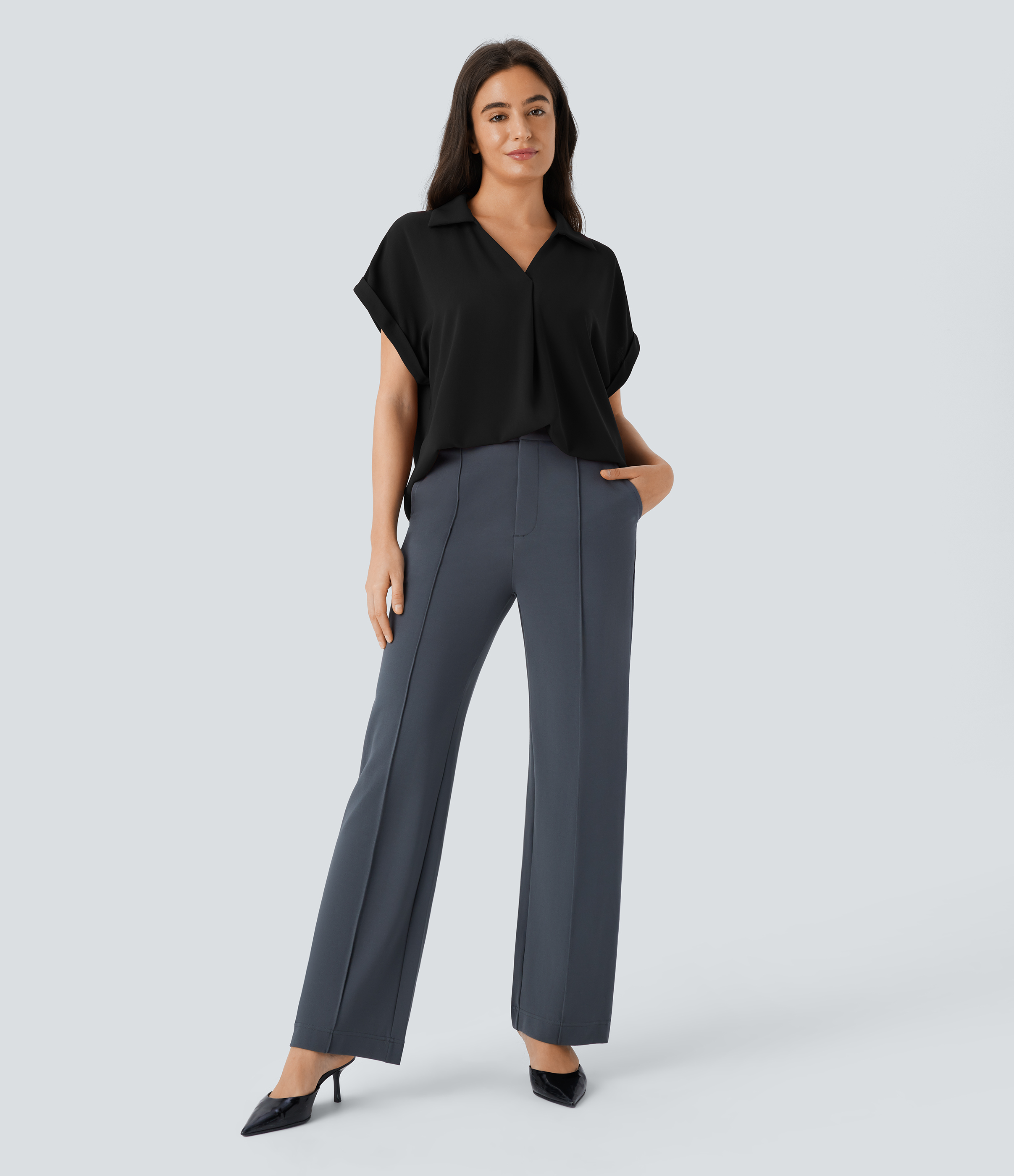 Halara Collared V Neck Short Sleeve Curved Hem Work Shirt  - Black - L 